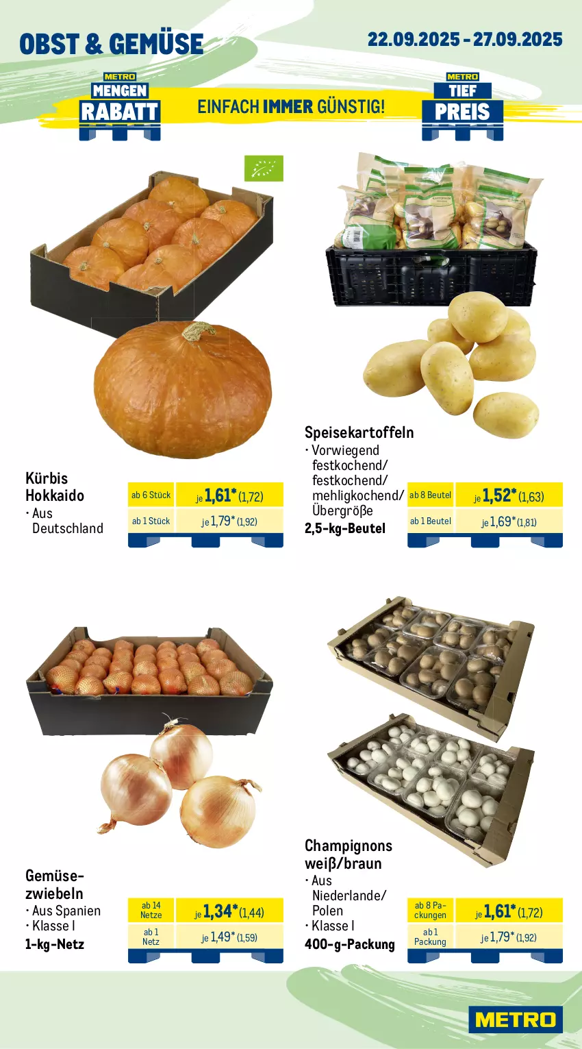 Aktueller Prospekt Metro - Wochen-Angebote - von 22.09 bis 27.09.2025 - strona 8 - produkty: albray, angebot, arla, Becher, beutel, bio, braun, champignon, champignons, chaumes, creme, crème fraîche, Dr. Oetker, eis, exquisa, Gemüsezwiebel, kartoffel, kartoffeln, Kürbis, mac, mehl, milch, obst, speisekartoffeln, St. Albray, Ti, weidemilch, zwiebel, zwiebeln