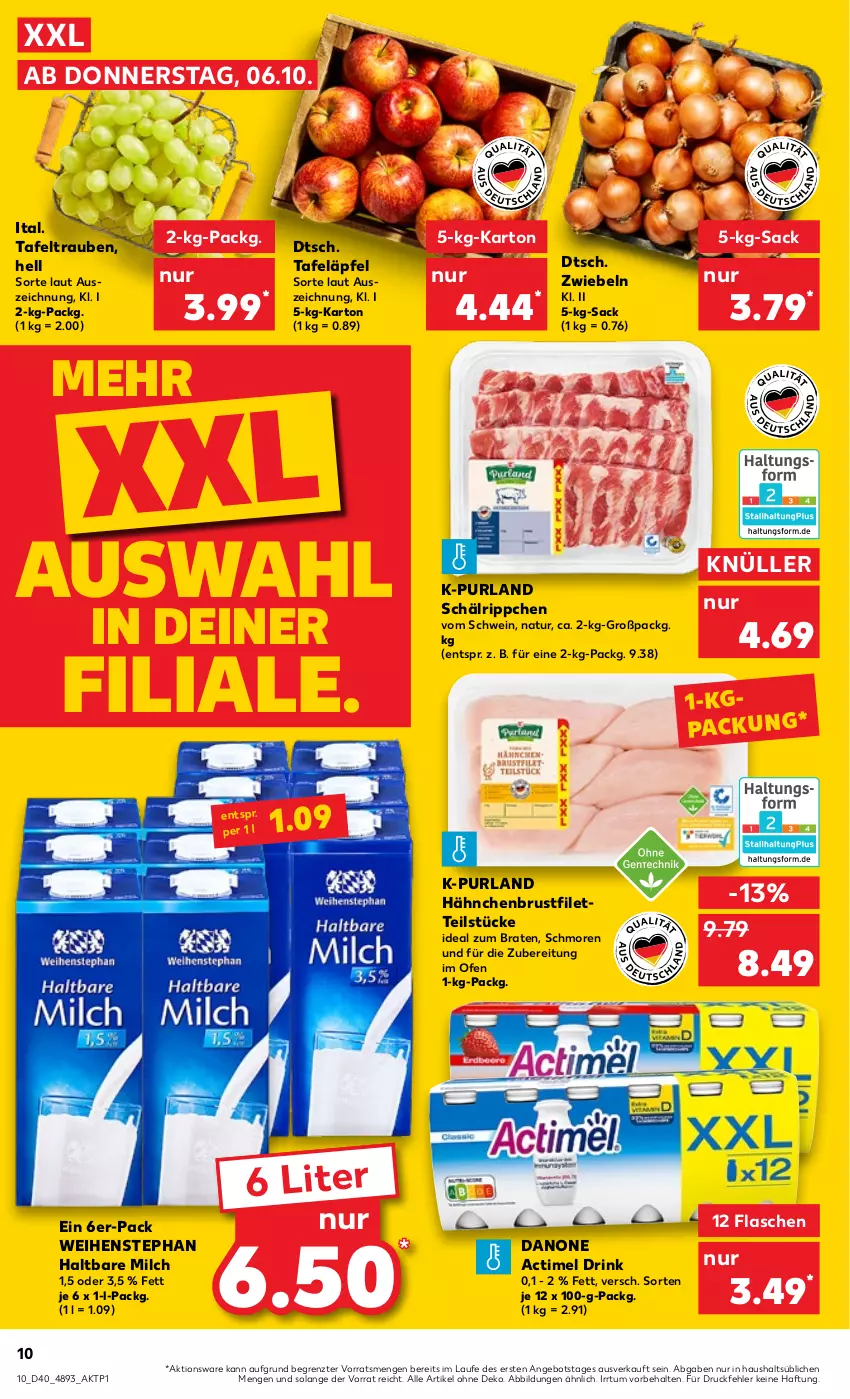 Aktueller Prospekt Kaufland - von 06.10 bis 12.10.2022 - strona 10 - produkty: actimel, actimel drink, angebot, braten, brustfilet, danone, danone actimel drink, drink, filet, flasche, hähnchenbrust, hähnchenbrustfilet, haltbare milch, ideal zum braten, milch, natur, Ofen, purland, sac, schwein, tafeläpfel, tafeltrauben, Ti, trauben, weihenstephan, wein, ZTE, zwiebel, zwiebeln