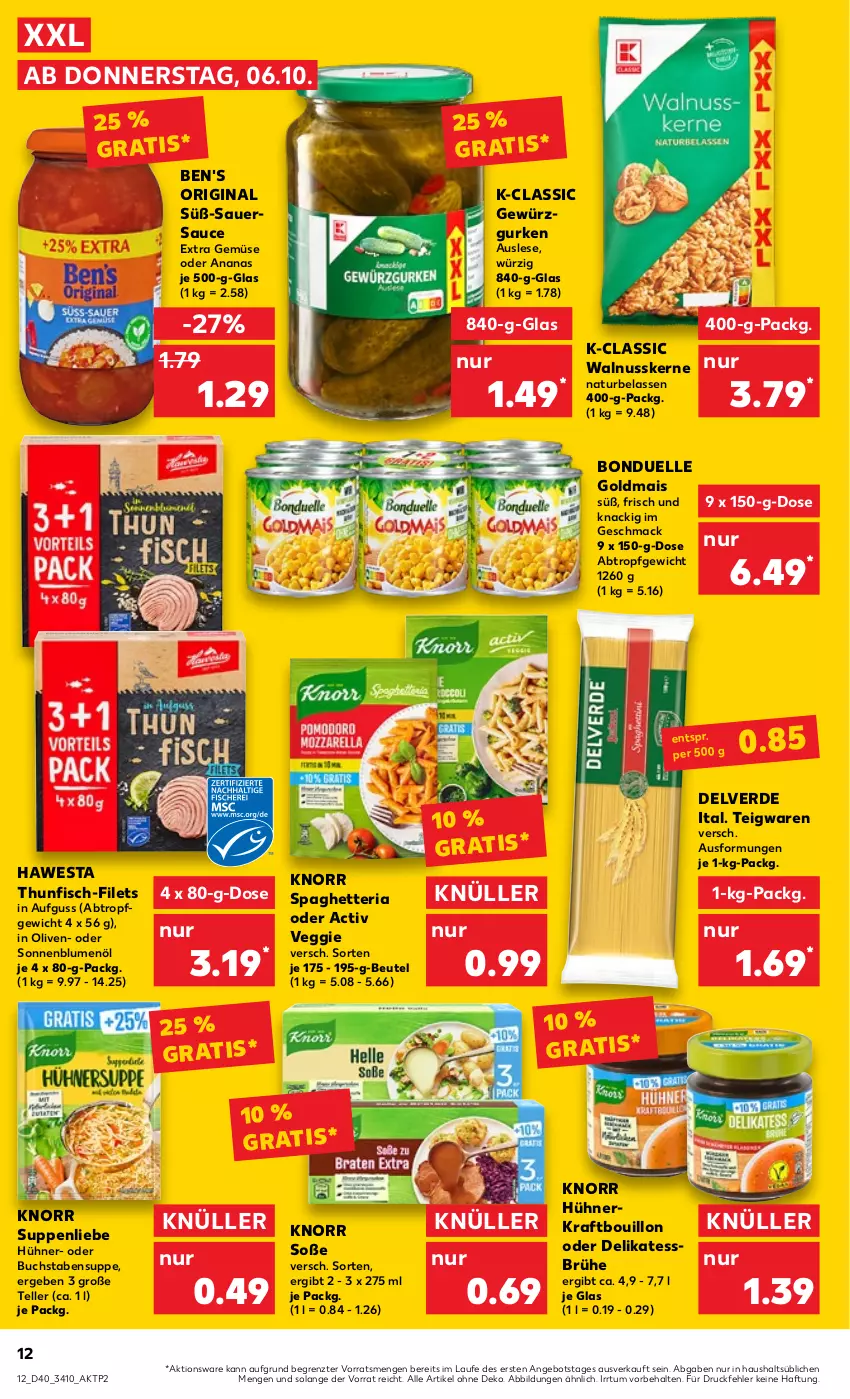 Aktueller Prospekt Kaufland - von 06.10 bis 12.10.2022 - strona 12 - produkty: ananas, angebot, auer, beutel, blume, blumen, blumenöl, bonduelle, bonduelle goldmais, Brühe, buch, elle, erde, filet, filets, fisch, gewürz, Gewürzgurke, gewürzgurken, gin, Goldmais, gurke, gurken, hawesta, hühner, knorr, kraft, mac, mais, natur, nuss, olive, oliven, Ria, sauce, sonnenblume, sonnenblumen, sonnenblumenöl, Soße, suppe, suppen, suppenliebe, teigwaren, teller, thunfisch, Ti, veggie, walnuss, walnusskerne, ZTE