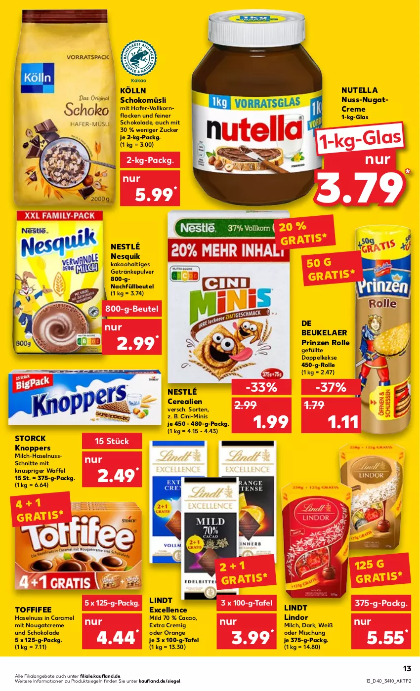 Aktueller Prospekt Kaufland - von 06.10 bis 12.10.2022 - strona 13 - produkty: angebot, angebote, beutel, caramel, cerealien, cin, creme, de beukelaer, Doppelkekse, elle, getränk, getränke, getränkepulver, hafer, haselnuss, kakao, keks, kekse, knoppers, kölln, korn, lindor, lindt, milch, müsli, nesquik, nestlé, Nougatcreme, nuss, nutella, orange, prinzen rolle, schoko, schokolade, schokomüsli, storck, Ti, toffifee, zucker