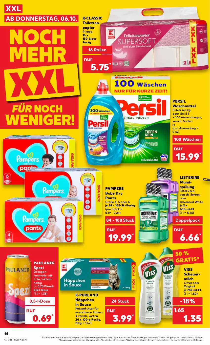 Aktueller Prospekt Kaufland - von 06.10 bis 12.10.2022 - strona 14 - produkty: angebot, citrus, cola, gin, Heu, katzenfutter, limo, limonade, listerine, milch, mundspülung, orange, orangen, pampers, pampers baby dry, Pants, papier, Paula, paulaner, persil, persil waschmittel, purland, sauce, scheuermilch, Spezi, spülung, Ti, toilettenpapier, total care, waschmittel, ZTE