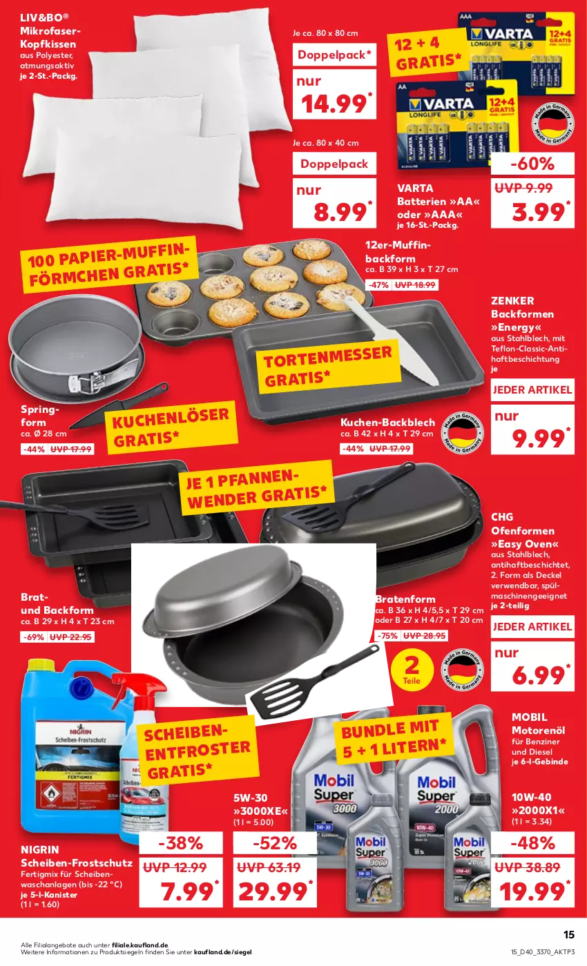 Aktueller Prospekt Kaufland - von 06.10 bis 12.10.2022 - strona 15 - produkty: angebot, angebote, Backform, batterie, batterien, braten, decke, Deckel, Diesel, kissen, kopfkissen, kuchen, mikrofaser, Mikrofaserkopfkissen, motorenöl, Muffin, Nigrin, Ofen, papier, pfanne, ring, rwe, Springform, spülmaschinen, Ti, torte, varta