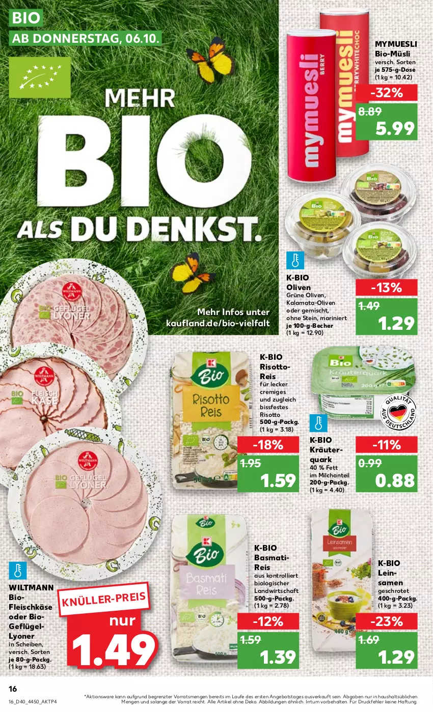 Aktueller Prospekt Kaufland - von 06.10 bis 12.10.2022 - strona 16 - produkty: angebot, basmati, Becher, bio, eis, fleisch, fleischkäse, Geflügel, grüne oliven, Käse, kräuter, lyoner, milch, müsli, olive, oliven, quark, reis, risotto, Ti, trolli, wiltmann, Yo, ZTE