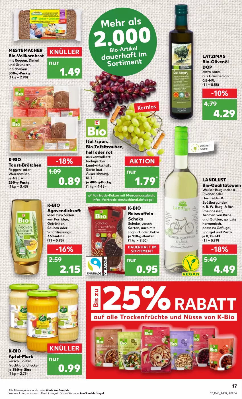 Aktueller Prospekt Kaufland - von 06.10 bis 12.10.2022 - strona 17 - produkty: agaven, angebot, angebote, apfel, auer, beutel, bio, Bio-Olivenöl, brot, brötchen, burgunder, dicksaft, dornfelder, dressing, eis, eiswaffeln, frucht, früchte, Geflügel, getränk, getränke, joghur, joghurt, kakao, kokos, korn, Kornbrot, mac, mestemacher, olive, oliven, olivenöl, pasta, porridge, qualitätswein, reis, Reiswaffeln, Rivaner, saft, salat, salatdressing, sauce, saucen, schoko, spargel, spätburgunder, tafeltrauben, Ti, toast, trauben, Trockenfrüchte, Trockenfrüchte und Nüsse, trolli, vollkornbrot, waffeln, wein, Weißwein