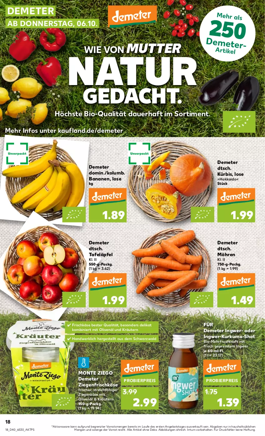 Aktueller Prospekt Kaufland - von 06.10 bis 12.10.2022 - strona 18 - produkty: angebot, auer, banane, bananen, bier, bio, eis, frischkäse, frucht, fruchtsaft, ingwer, Käse, kräuter, kräutern, Kürbis, möhren, monte, natur, olive, oliven, olivenöl, reis, saft, tafeläpfel, Ti, ziegenfrischkäse, ziegenkäse, ZTE