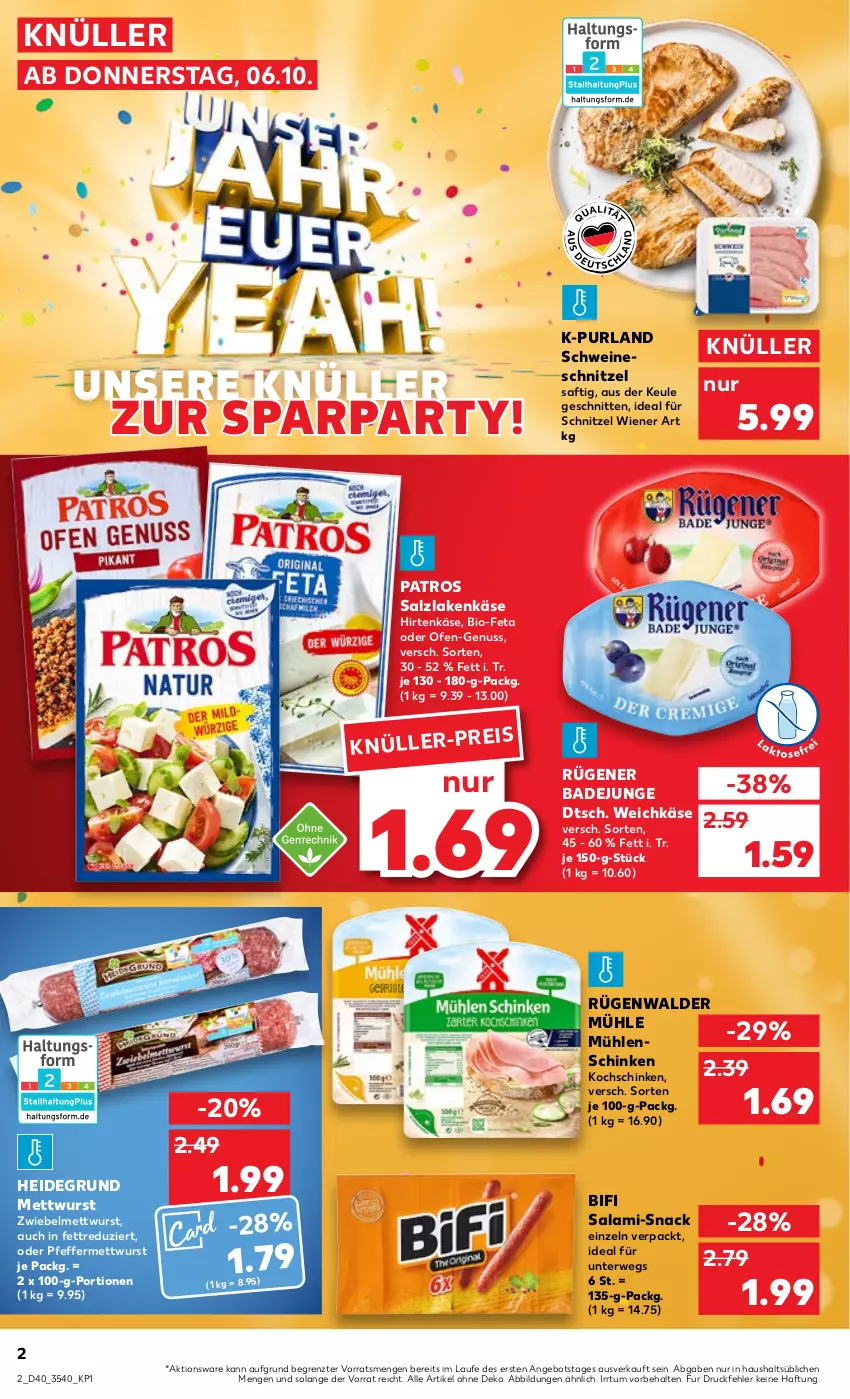 Aktueller Prospekt Kaufland - von 06.10 bis 12.10.2022 - strona 2 - produkty: angebot, Bad, bifi, bio, Bio-Feta, eis, feta, hirtenkäse, Käse, kochschinken, Mett, mettwurst, nuss, Ofen, patros, pfeffer, purland, Rügener, rügener badejunge, rügenwalder, rügenwalder mühle, rwe, saft, salami, salz, schinken, schnitten, schnitzel, schwein, schweine, schweineschnitzel, snack, Ti, weichkäse, wein, weine, wiener, wurst, ZTE, zwiebel, zwiebelmettwurst