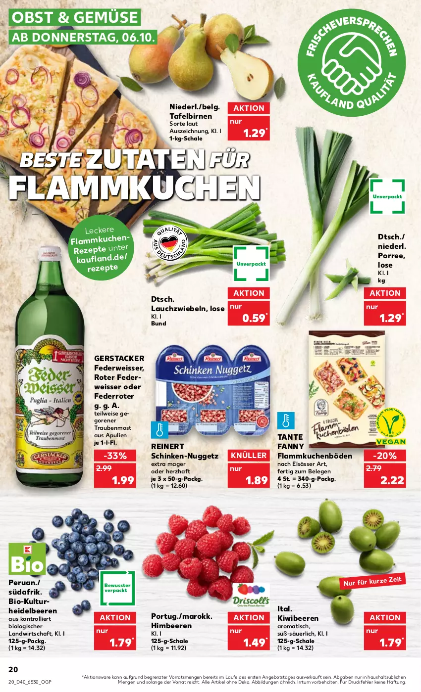 Aktueller Prospekt Kaufland - von 06.10 bis 12.10.2022 - strona 20 - produkty: angebot, beere, beeren, bio, Birnen, eis, elsässer art, flammkuchen, heidelbeere, heidelbeeren, himbeer, himbeere, himbeeren, kiwi, kuchen, lamm, Lauchzwiebel, lauchzwiebeln, LG, obst, reinert, rezept, rezepte, rwe, Schal, Schale, schinken, tafelbirnen, tante fanny, Ti, tisch, trauben, trolli, ZTE, zwiebel, zwiebeln