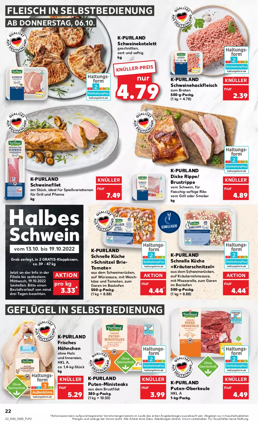 Aktueller Prospekt Kaufland - von 06.10 bis 12.10.2022 - strona 22 - produkty: angebot, backofen, braten, brie, brustfilet, eis, elle, filet, fleisch, fleisch in selbstbedienung, für grill und pfanne, Geflügel, grill, grill und pfanne, hackfleisch, Käse, Klappbox, kotelett, kräuter, küche, mozzarella, Ofen, pfanne, purland, pute, rel, Ria, saft, sauce, schnitten, schnitzel, schwein, schweine, schweinefilet, Schweinehackfleisch, schweinekotelett, schweinerücken, steak, steaks, Ti, tomate, tomaten, und pfanne, weichkäse, wein, weine, würzsauce, ZTE