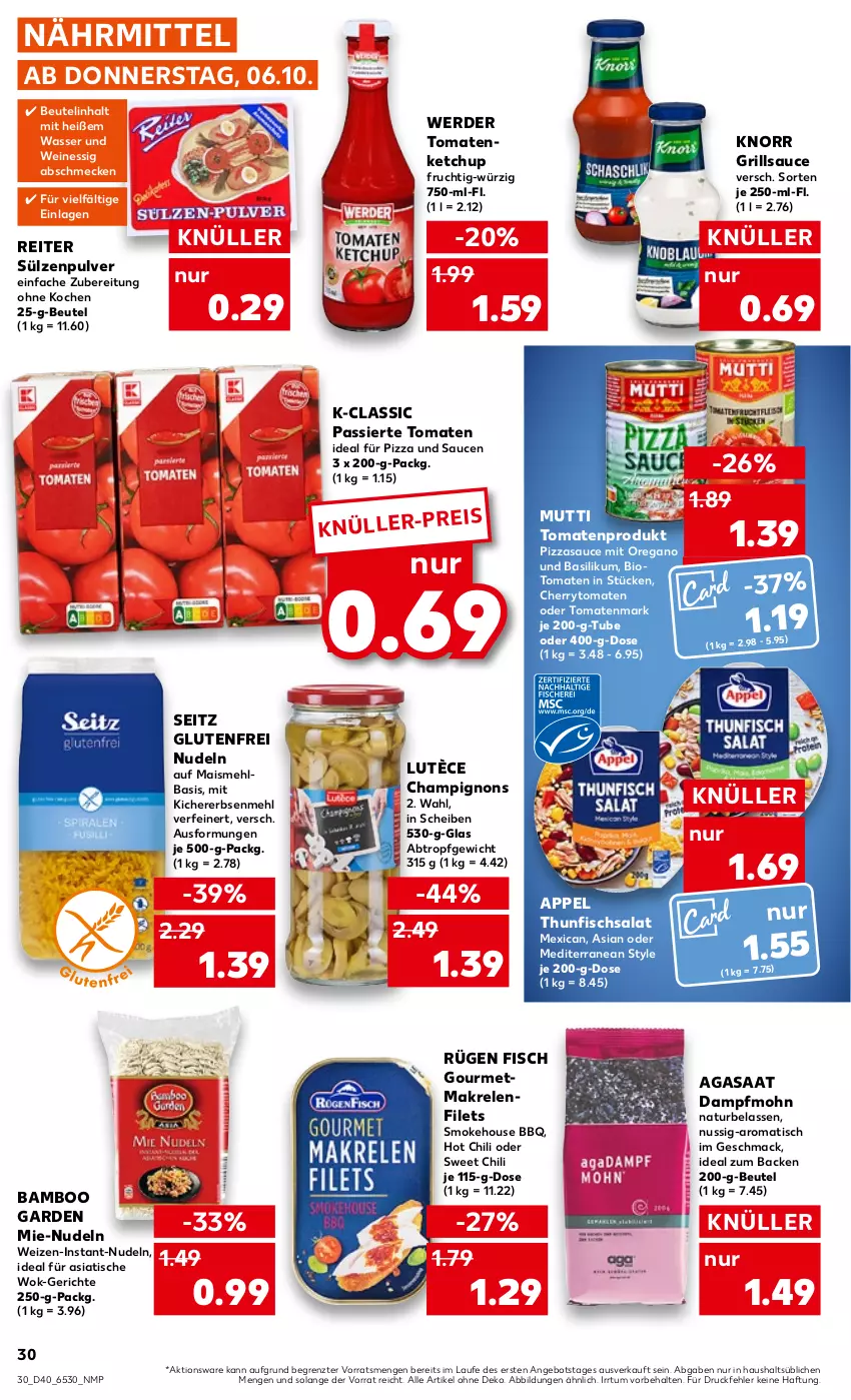 Aktueller Prospekt Kaufland - von 06.10 bis 12.10.2022 - strona 30 - produkty: angebot, bamboo, basilikum, beutel, bio, champignon, champignons, cherrytomaten, chili, eis, erbsen, erde, essig, filet, filets, fisch, frucht, grill, grillsauce, hot chili, Instant-Nudeln, ketchup, kichererbsen, knorr, mac, mais, Makrele, Makrelenfilets, mehl, Mutti, natur, nudel, nudeln, nuss, pizza, rel, salat, sauce, saucen, thunfisch, Thunfischsalat, Ti, tisch, tomate, tomaten, tomatenketchup, tomatenmark, wasser, wein, weine, wok, ZTE