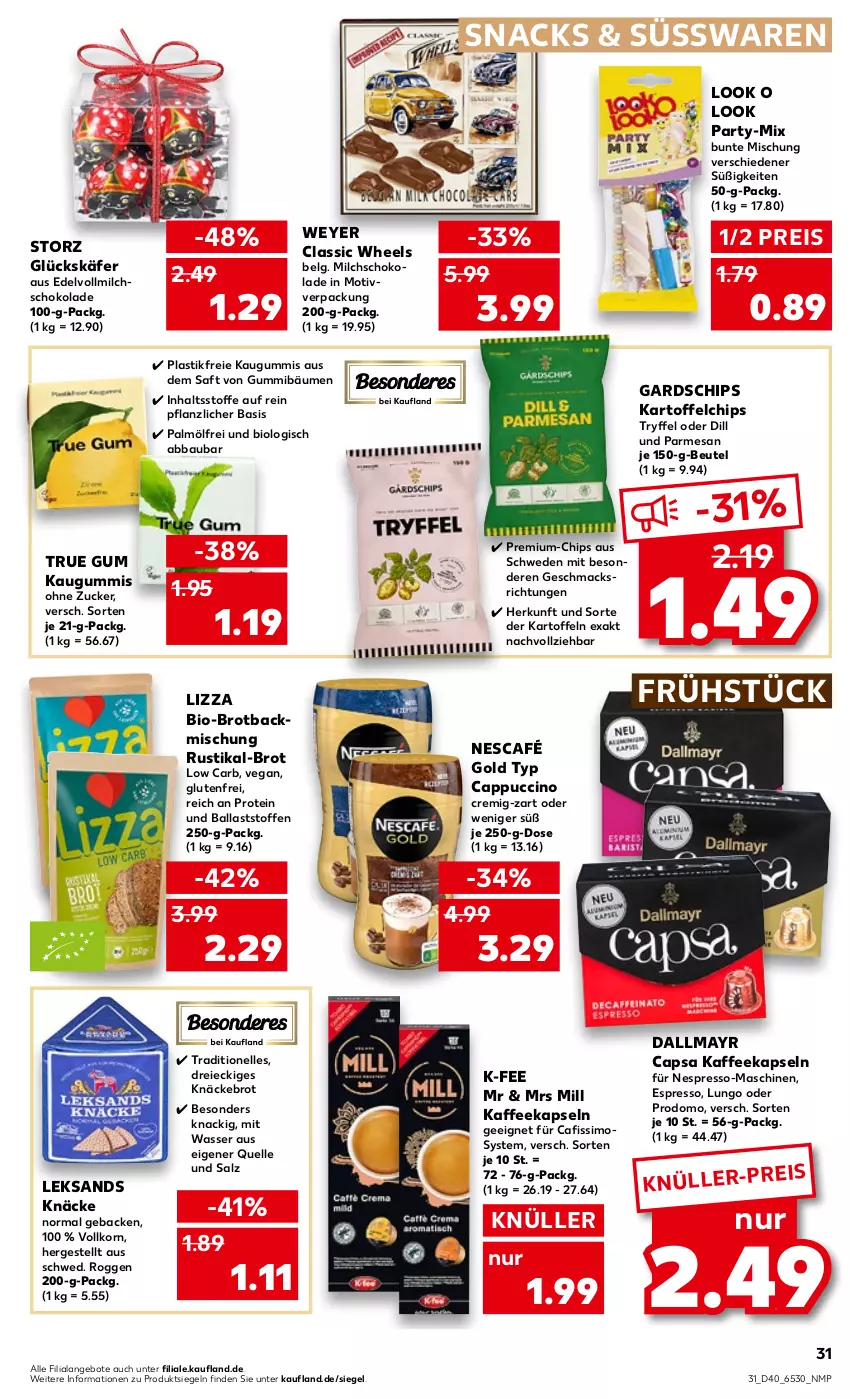 Aktueller Prospekt Kaufland - von 06.10 bis 12.10.2022 - strona 31 - produkty: Abba, angebot, angebote, asti, backmischung, ball, Bau, beutel, bio, brot, Cafissimo, Cap, cappuccino, chips, cin, dallmayr, dallmayr capsa, eis, elle, espresso, geback, käfer, kaffee, kaffeekapseln, kartoffel, kartoffelchips, kartoffeln, kaugummi, knäckebrot, korn, LG, lungo, mac, milch, Nescafé, nescafé gold, nespresso, prodomo, reis, saft, salz, schoko, schokolade, sim, snack, snacks, süsswaren, Ti, vollmilch, wasser, zucker