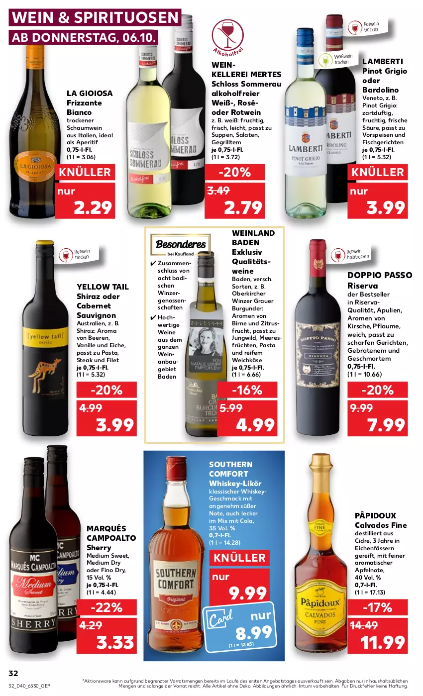 Aktueller Prospekt Kaufland - von 06.10 bis 12.10.2022 - strona 32 - produkty: alkohol, Amber, angebot, aperitif, apfel, aqua, auer, aust, Bad, Bau, beere, beeren, braten, burgunder, cabernet, cabernet sauvignon, cola, doppio passo, eier, eis, elle, filet, fisch, frizzante, frucht, früchte, früchten, grauer burgunder, grill, Käse, kirsch, kirsche, La Gioiosa, likör, mac, meeresfrüchte, passo, pasta, pflaume, Pinot, pinot grigio, qualitätswein, qualitätsweine, riserva, rotwein, salat, salate, sauvignon, Southern Comfort, spirituosen, steak, suppe, suppen, Ti, tisch, vanille, vorspeise, weichkäse, wein, weine, Weißwein, whiskey, Wild, yellow tail, ZTE