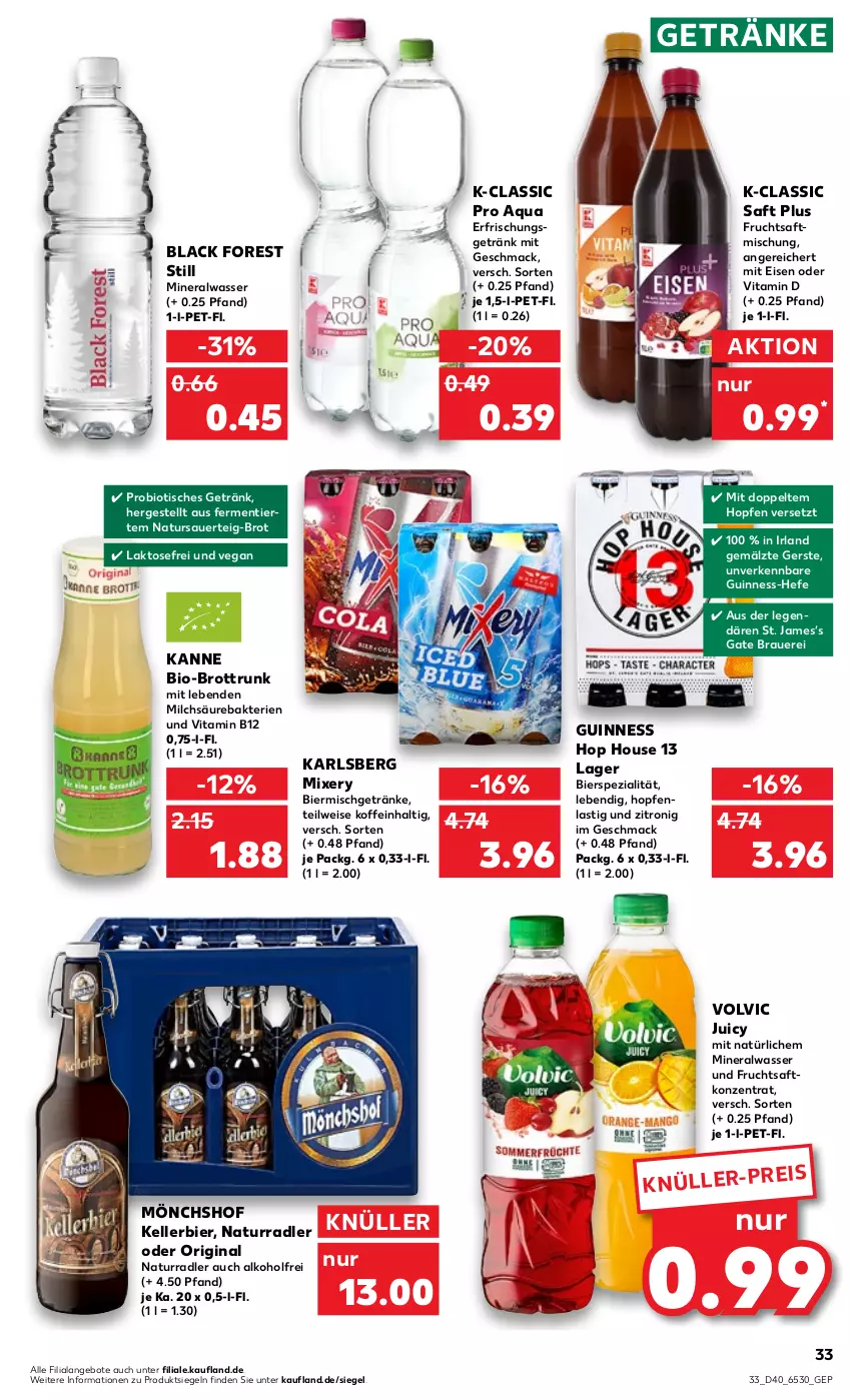 Aktueller Prospekt Kaufland - von 06.10 bis 12.10.2022 - strona 33 - produkty: alkohol, Alwa, angebot, angebote, aqua, asti, auer, bier, bio, black forest, brot, eis, elle, erfrischungsgetränk, frucht, fruchtsaft, getränk, getränke, gin, Guinness, Hefe, karlsberg, karlsberg mixery, kellerbier, lack, mac, milch, mineralwasser, Mixer, mixery, mönchshof, natur, radler, saft, Spezi, Ti, tisch, vita, Vitamin B, Vitamin D, volvic, wasser, ZTE