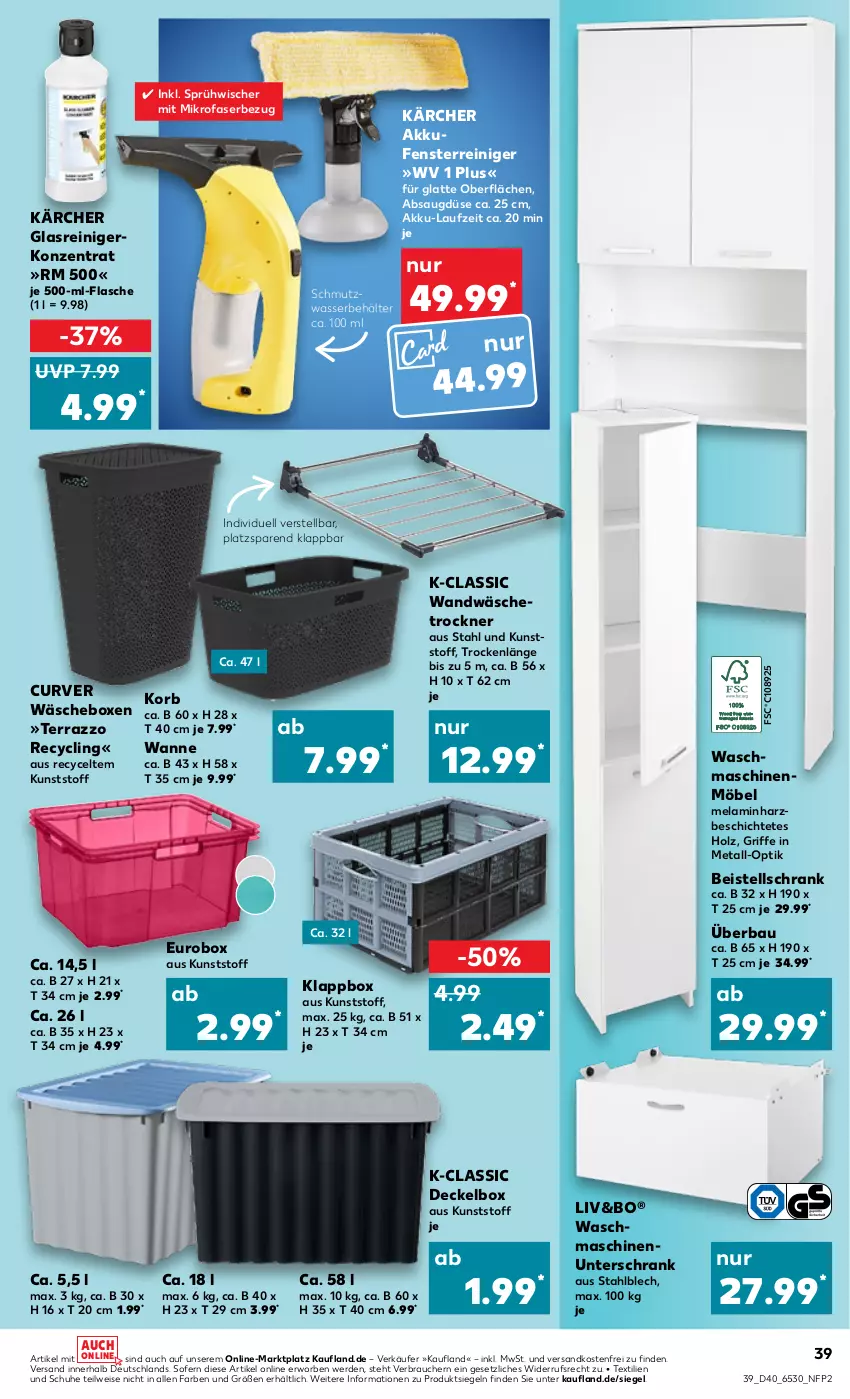 Aktueller Prospekt Kaufland - von 06.10 bis 12.10.2022 - strona 39 - produkty: akku, Bau, Behälter, Clin, decke, Deckel, eis, erde, fenster, flasche, Glasreiniger, Holz, je 500-ml-flasche, Kärcher, Klappbox, korb, latte, mikrofaser, möbel, ndk, Rauch, reiniger, Schrank, schuhe, Ti, Trockner, unterschrank, versandkostenfrei, Wanne, wäschetrockner, waschmaschine, waschmaschinen, wasser