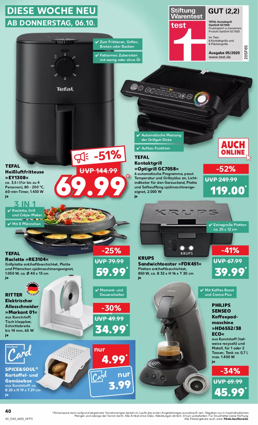 Aktueller Prospekt Kaufland - von 06.10 bis 12.10.2022 - strona 40 - produkty: angebot, angebote, auer, auto, braten, Brei, eis, fritteuse, grill, grillplatte, Heißluftfritteuse, kaffee, kartoffel, kontaktgrill, krups, latte, LG, Philips, ritter, saft, sandwich, Schal, senseo, spülmaschinen, tasse, tefal, Ti, Tiere, timer, tisch, toast, toaster, und gemüse, ZTE