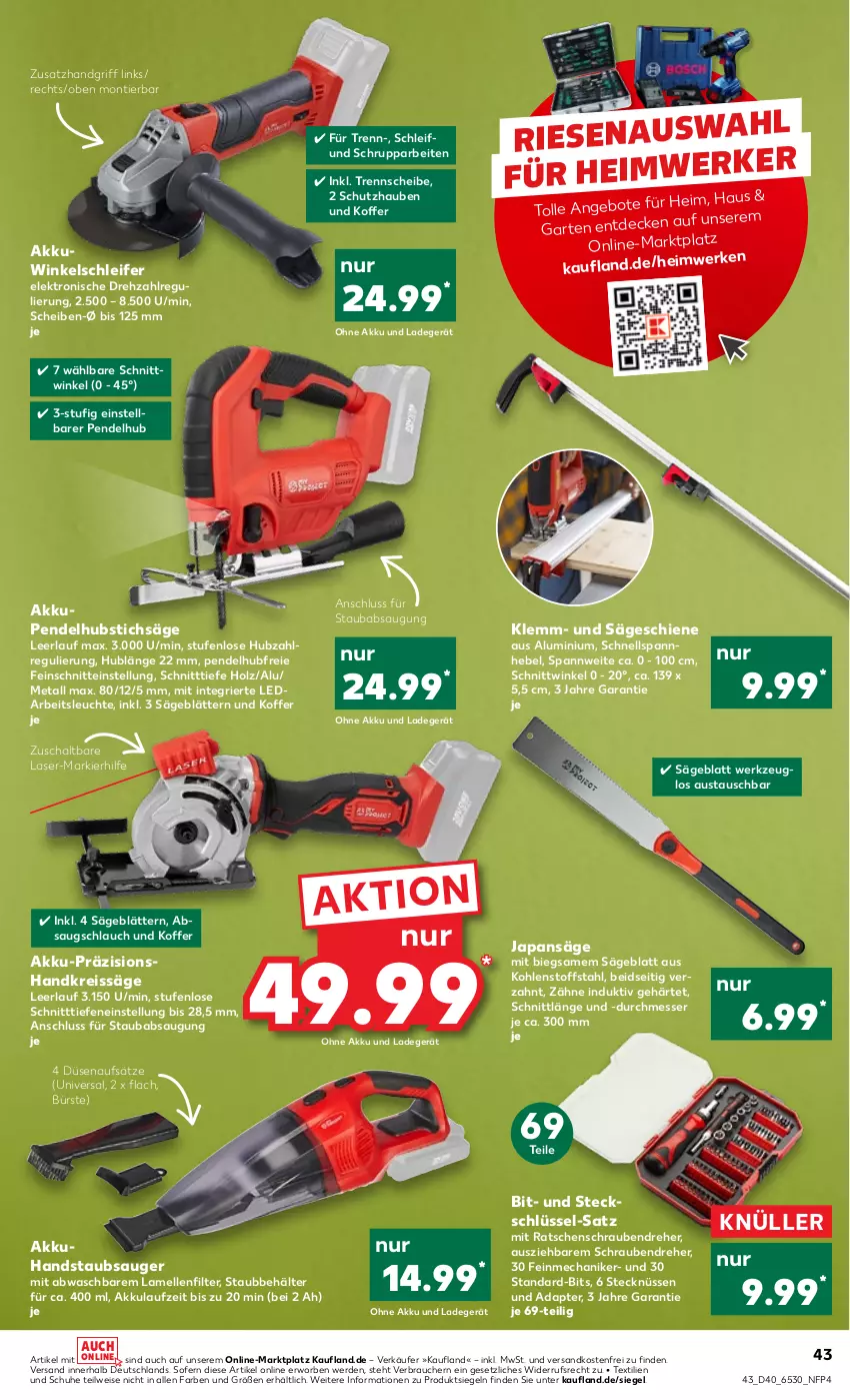 Aktueller Prospekt Kaufland - von 06.10 bis 12.10.2022 - strona 43 - produkty: adapter, akku, angebot, angebote, Arbeitsleuchte, aust, Behälter, bürste, decke, eis, Elektro, elle, erde, Garten, Handkreissäge, handstaubsauger, Holz, Japansäge, koffer, ladegerät, Leuchte, messer, ndk, Nike, ohne akku und ladegerät, Pendelhubstichsäge, Rauch, reis, reiss, säge, Schal, schlauch, schrauben, Schraubendreher, schuhe, staubsauger, stichsäge, Ti, versandkostenfrei, werkzeug, Winkelschleifer