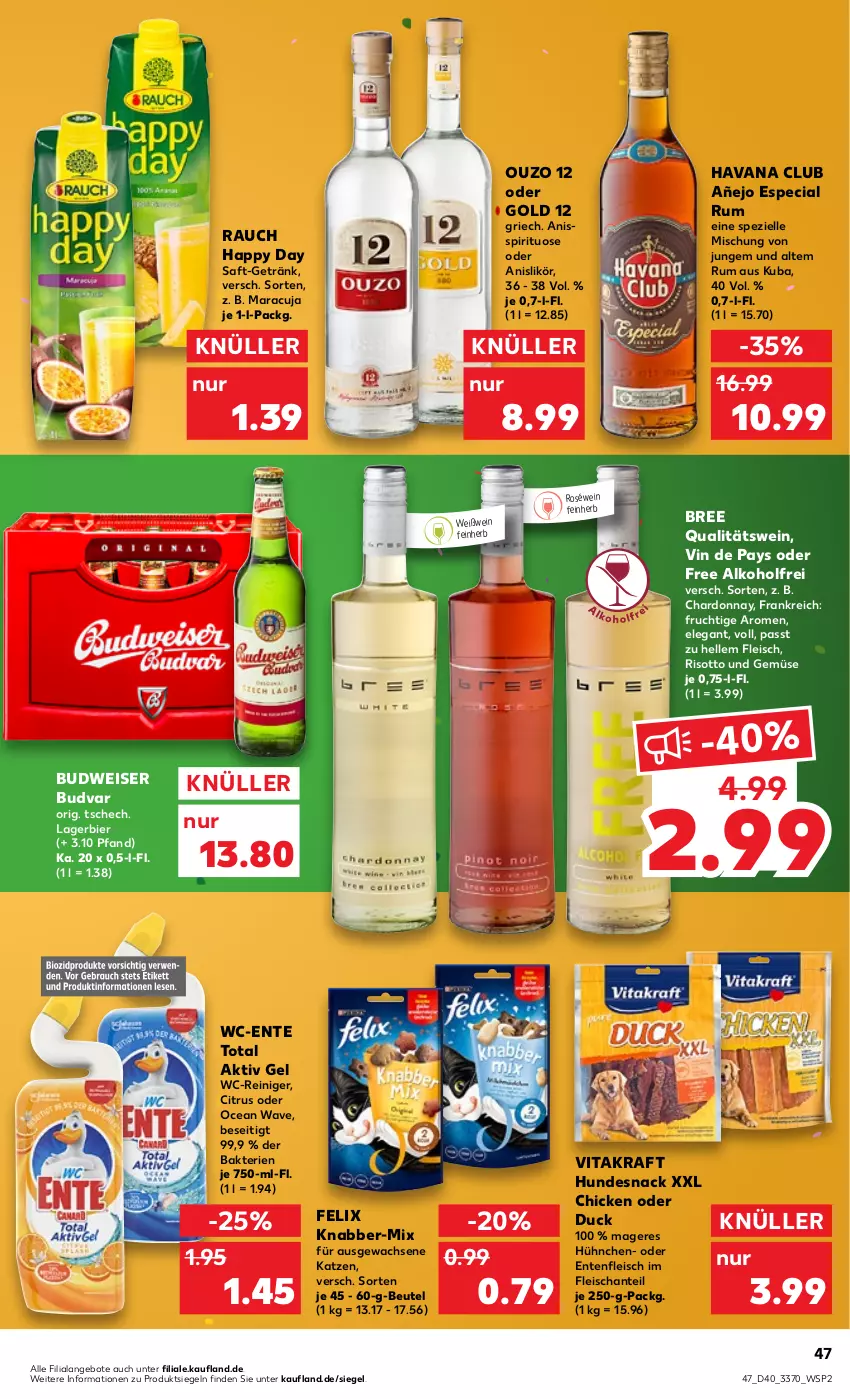 Aktueller Prospekt Kaufland - von 06.10 bis 12.10.2022 - strona 47 - produkty: aktiv gel, alkohol, angebot, angebote, beutel, bier, bree, budweiser, chardonnay, citrus, Duck, eis, elle, ente, felix, fleisch, frucht, getränk, Happy Day, Havana Club, hundesnack, kraft, Lagerbier, likör, maracuja, ouzo, ouzo 12, qualitätswein, Rauch, reiniger, risotto, roséwein, rum, saft, snack, Spezi, Ti, und gemüse, vita, vitakraft, wc-reiniger, wein, Weißwein