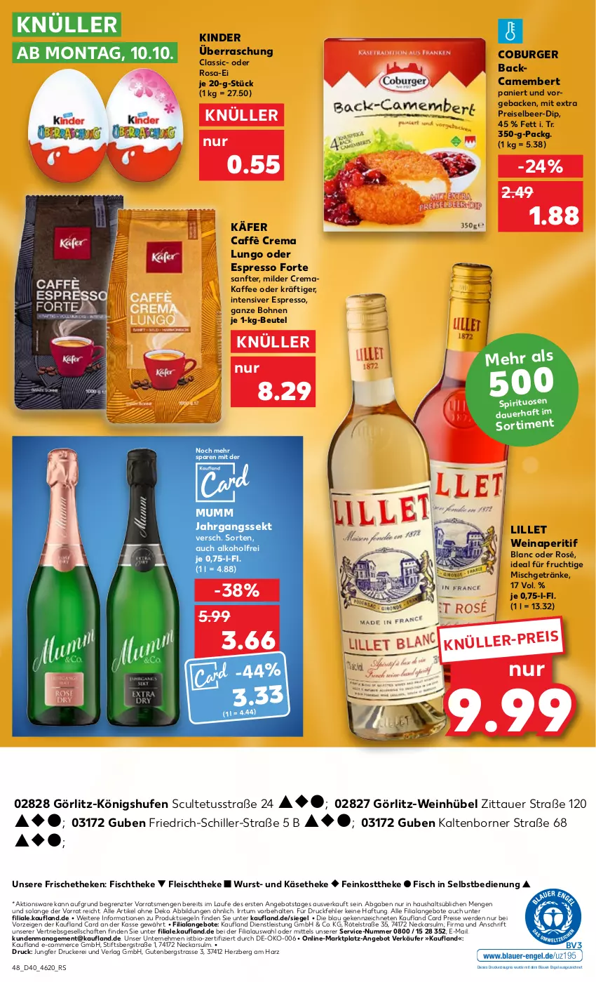 Aktueller Prospekt Kaufland - von 06.10 bis 12.10.2022 - strona 48 - produkty: alkohol, angebot, angebote, aperitif, auer, beutel, bio, bohne, bohnen, burger, caffè crema, camembert, dip, drucker, eis, Engel, erde, espresso, feinkost, feinkosttheke, fisch, fischtheke, fleisch, frucht, geback, getränk, getränke, jahrgangssekt, käfer, kaffee, Käse, käsetheke, kerze, Kinder, lillet, lungo, mumm, oder espresso, reis, sekt, spirituosen, Ti, wein, wurst, ZTE