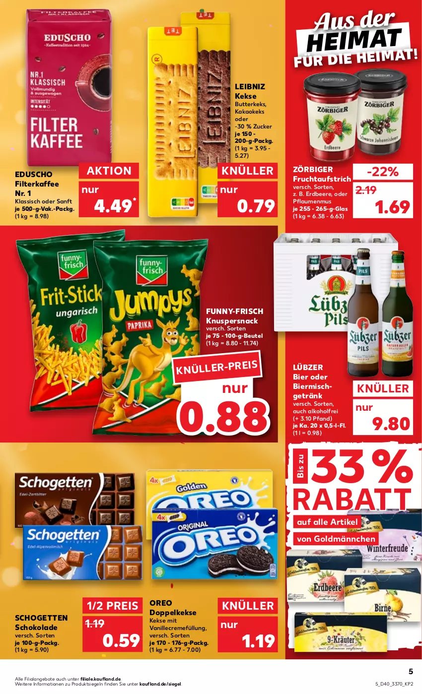 Aktueller Prospekt Kaufland - von 06.10 bis 12.10.2022 - strona 5 - produkty: alkohol, angebot, angebote, aufstrich, beere, beutel, bier, butter, butterkeks, creme, Doppelkekse, eduscho, eis, erdbeere, filterkaffee, frucht, fruchtaufstrich, funny-frisch, getränk, kaffee, kakao, keks, kekse, leibniz, Lübzer, oreo, pflaume, pflaumen, pflaumenmus, reis, schogetten, schoko, schokolade, snack, Ti, vanille, zucker