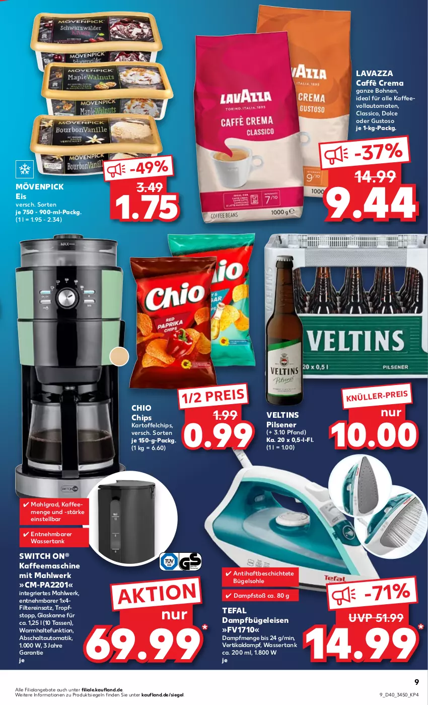 Aktueller Prospekt Kaufland - von 06.10 bis 12.10.2022 - strona 9 - produkty: angebot, angebote, auto, bohne, bohnen, bügel, Bügeleisen, caffè crema, chio chips, chips, classico, dampfbügeleisen, eis, kaffee, kaffeemaschine, kaffeevollautomat, kaffeevollautomaten, kartoffel, kartoffelchips, lavazza, LG, mövenpick, mövenpick eis, pils, pilsener, reis, Schal, tasse, tefal, Ti, tomate, tomaten, veltins, veltins pilsener, vollautomaten, wasser, wassertank