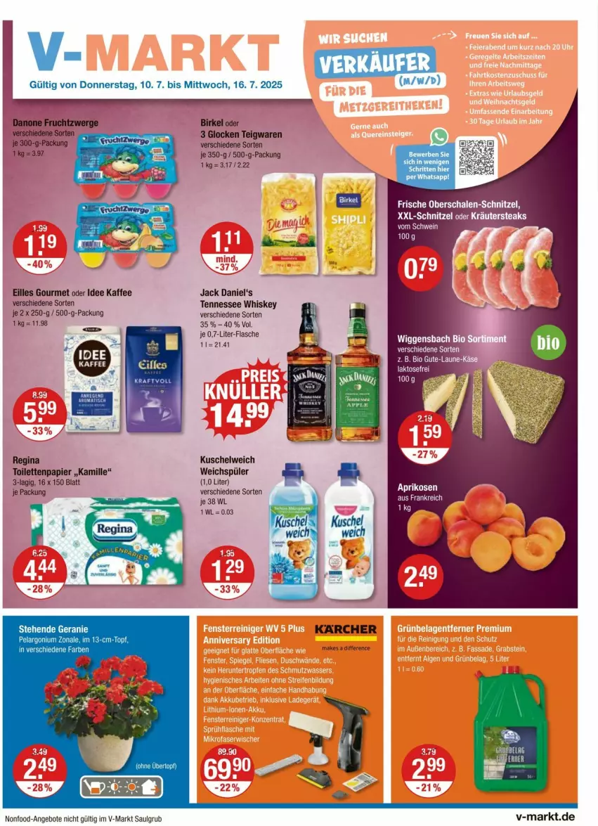Aktueller Prospekt Vmarkt - Prospekte - von 10.07 bis 16.07.2025 - strona 1 - produkty: angebot, angebote, birkel, danone, danone fruchtzwerge, eilles gourmet, flasche, frucht, fruchtzwerge, gin, jack daniel, jack daniel's, kaffee, Kamill, kamille, karcher, kräuter, Kuschelweich, LG, oder kräuter, papier, Schal, Schale, schnitzel, steak, steaks, teigwaren, tennessee whiskey, Ti, toilettenpapier, weichspüler, whiskey
