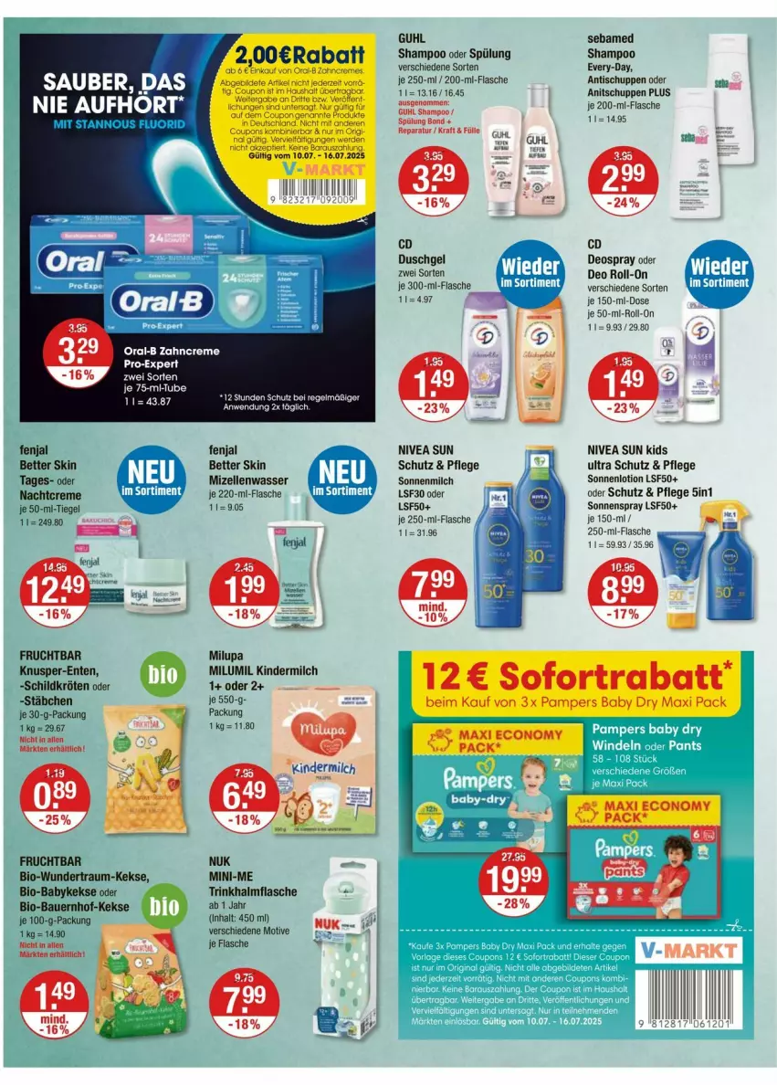 Aktueller Prospekt Vmarkt - Prospekte - von 10.07 bis 16.07.2025 - strona 10 - produkty: auer, Bau, Bauer, bett, bio, creme, deo, deo roll-on, deospray, duschgel, eis, elle, ente, flasche, frucht, Guhl, keks, kekse, Kinder, kindermilch, kraft, Lotion, milch, milupa, mizellen, nachtcreme, nivea, nivea sun, nuk, oder deo roll-on, oral-b, pampers, pampers baby dry, roll-on, sebamed, shampoo, shampoo oder spülung, sofortrabatt, sonnenmilch, sonnenspray, spülung, Ti, tisch, wasser, zahncreme