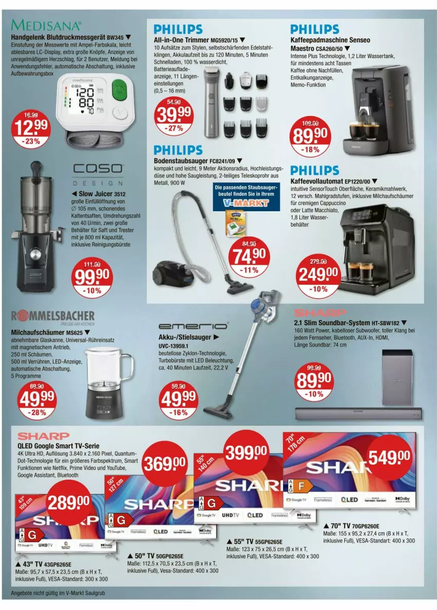 Aktueller Prospekt Vmarkt - Prospekte - von 10.07 bis 16.07.2025 - strona 12 - produkty: ACC, akku, auto, Behälter, beleuchtung, beutel, Blutdruckmessgerät, bodenstaubsauger, bürste, Cap, cappuccino, chia, cin, deo, edelstahl, eis, fernseher, HDMI, isana, kaffee, kaffeevollautomat, latte, latte macchiato, LG, mac, macchiato, medisana, milch, milchaufschäumer, netflix, Philips, qled, Reinigung, reinigungsbürste, rum, saft, sana, Schal, senseo, smart tv, soundbar, Spektrum, staubsauger, Stielsauger, Subwoofer, tasse, Teleskop, Ti, tisch, wasser, wassertank, Yo
