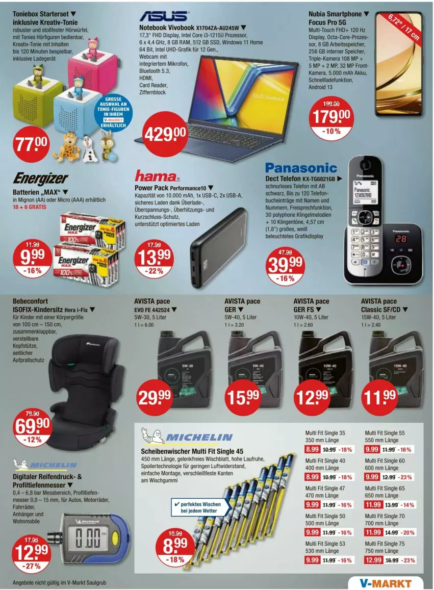 Aktueller Prospekt Vmarkt - Prospekte - von 10.07 bis 16.07.2025 - strona 13 - produkty: akku, angebot, angebote, Anhänger, auto, Bebe, beco, buch, core i3, eis, energizer, HDMI, Intel, kamera, Kinder, Kindersitz, kopfstütze, ladegerät, Leuchte, LG, messer, Michelin, notebook, reifen, reis, ring, schnellladefunktion, Schnurloses Telefon, smartphone, ssd, telefon, Ti, Toniebox, uhd, usb, VivoBook