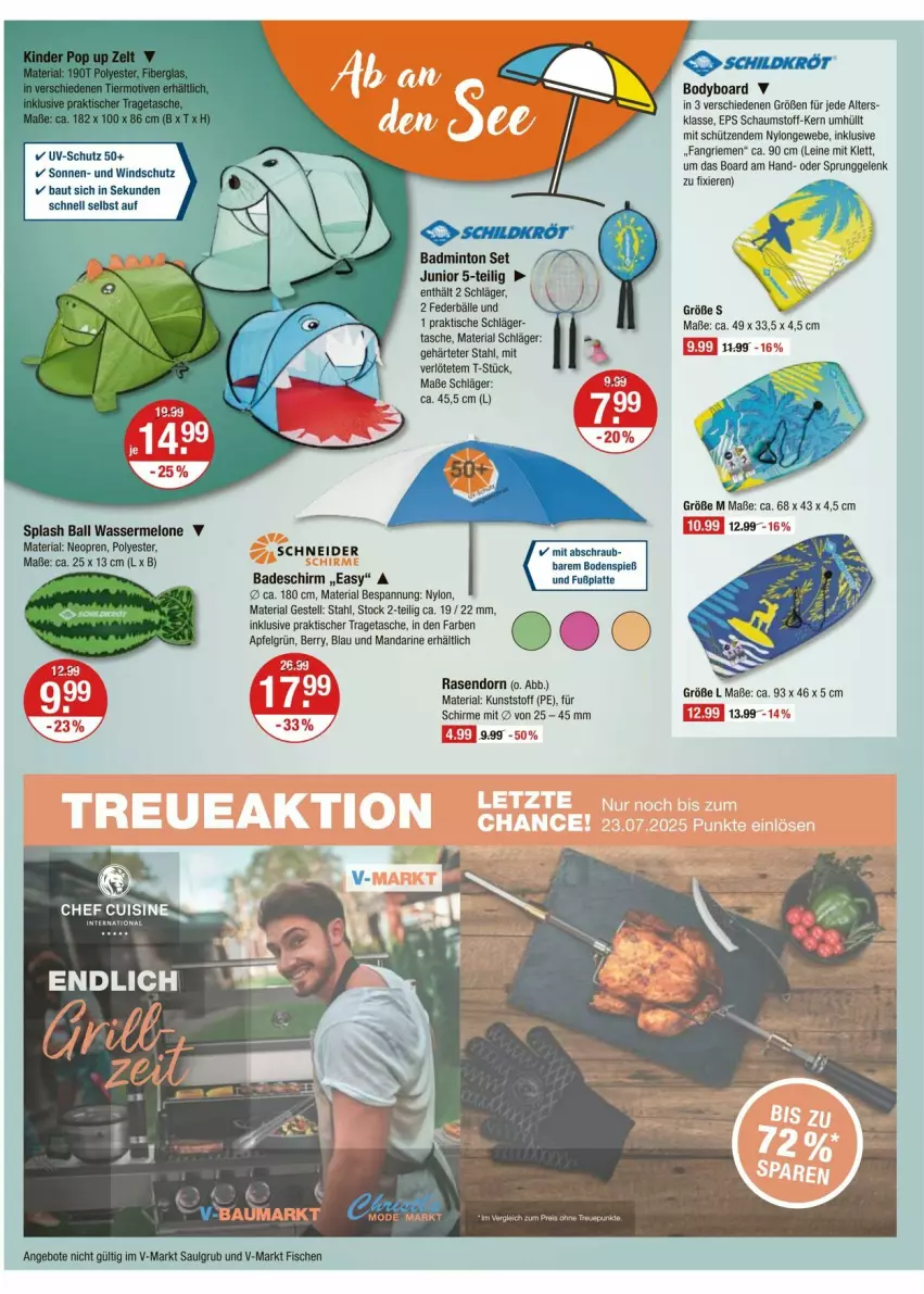 Aktueller Prospekt Vmarkt - Prospekte - von 10.07 bis 16.07.2025 - strona 14 - produkty: angebot, angebote, apfel, Bad, ball, Bau, body, fisch, fische, leine, LG, mandarine, melone, mint, rasen, Ria, schirme, Schütze, Tasche, Ti, tisch, tragetasche, uv-schutz, wasser, wassermelone, Windschutz