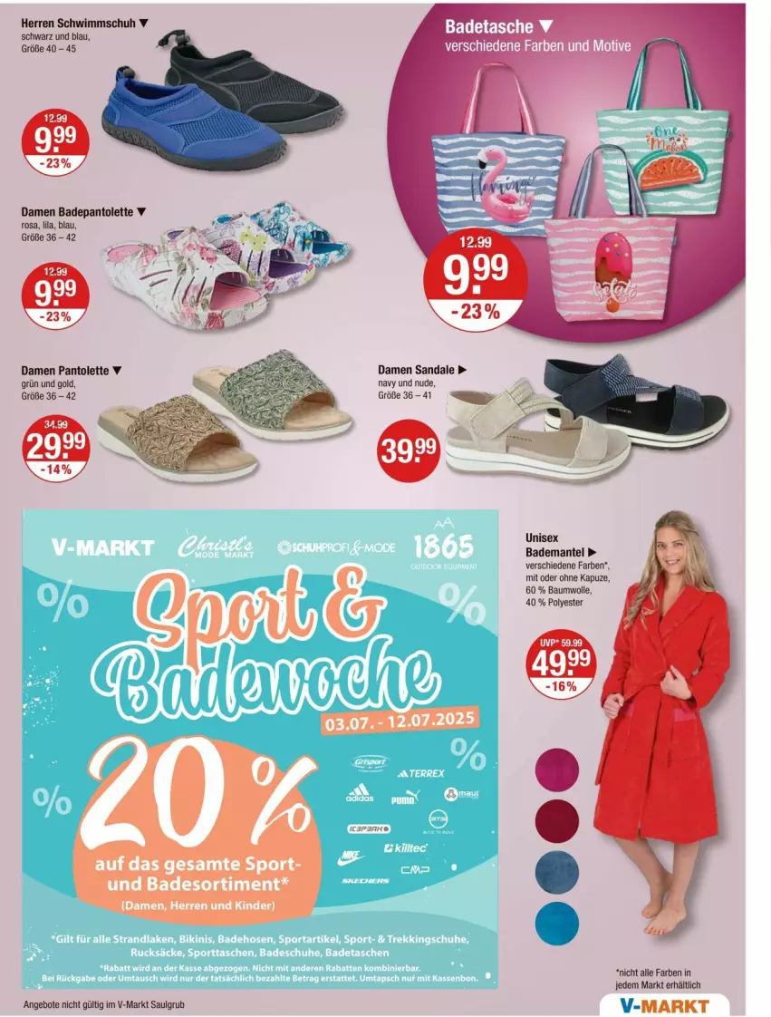 Aktueller Prospekt Vmarkt - Prospekte - von 10.07 bis 16.07.2025 - strona 17 - produkty: angebot, angebote, Bad, Badehose, Bademantel, Bau, baumwolle, hose, hosen, LG, Mantel, pantolette, sandale, schuhe, Sport, sporttasche, Tasche, taschen, Ti, Trekkingschuh, Trekkingschuhe, wolle