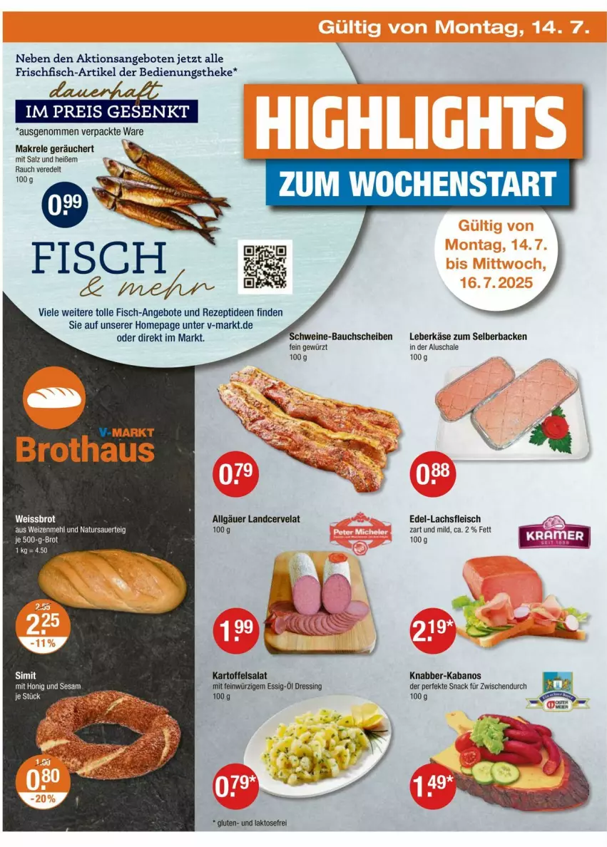 Aktueller Prospekt Vmarkt - Prospekte - von 10.07 bis 16.07.2025 - strona 18 - produkty: angebot, angebote, auer, brot, dressing, eis, essig, fisch, fleisch, frischfisch, gewürz, honig, kabanos, kartoffel, kartoffelsalat, lachs, LG, Makrele, mehl, natur, Omep, Rauch, rel, rezept, salat, salz, Schal, Schale, sesam, snack, tee, Ti, weizenmehl
