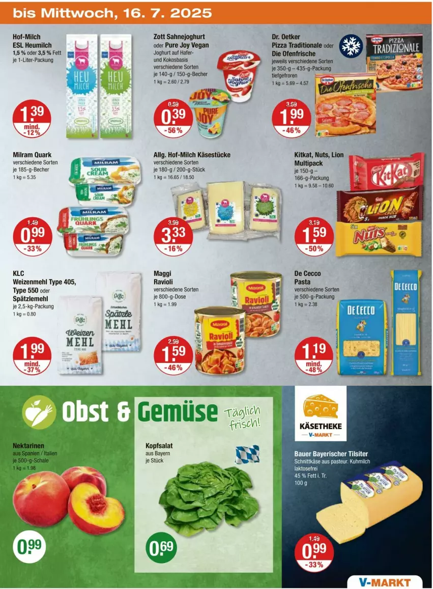 Aktueller Prospekt Vmarkt - Prospekte - von 10.07 bis 16.07.2025 - strona 19 - produkty: auer, Bau, Bauer, Becher, De Cecco, die ofenfrische, Dr. Oetker, ecco, hafer, Heu, heumilch, joghur, joghurt, Käse, käsetheke, kitkat, kokos, kopfsalat, LG, lion, maggi, mehl, milch, milram, Ofen, pasta, pizza, quark, ravioli, sahne, Sahnejoghurt, salat, schnittkäse, Spätzlemehl, Ti, Tilsiter, type 405, weizenmehl, zott