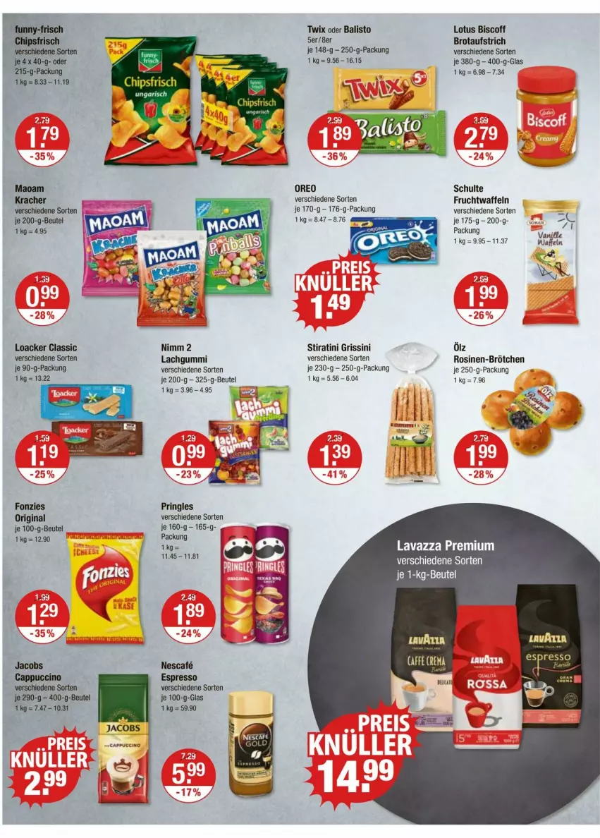 Aktueller Prospekt Vmarkt - Prospekte - von 10.07 bis 16.07.2025 - strona 8 - produkty: aufstrich, Bad, balisto, beutel, biscoff, brot, brotaufstrich, brötchen, espresso, frucht, gin, grissini, jacobs, je 250-g-packung, kracher, lachgummi, lavazza, maoam, nescafe, Nimm 2, oreo, pringles, ring, Ti, twix, uhr, waffeln