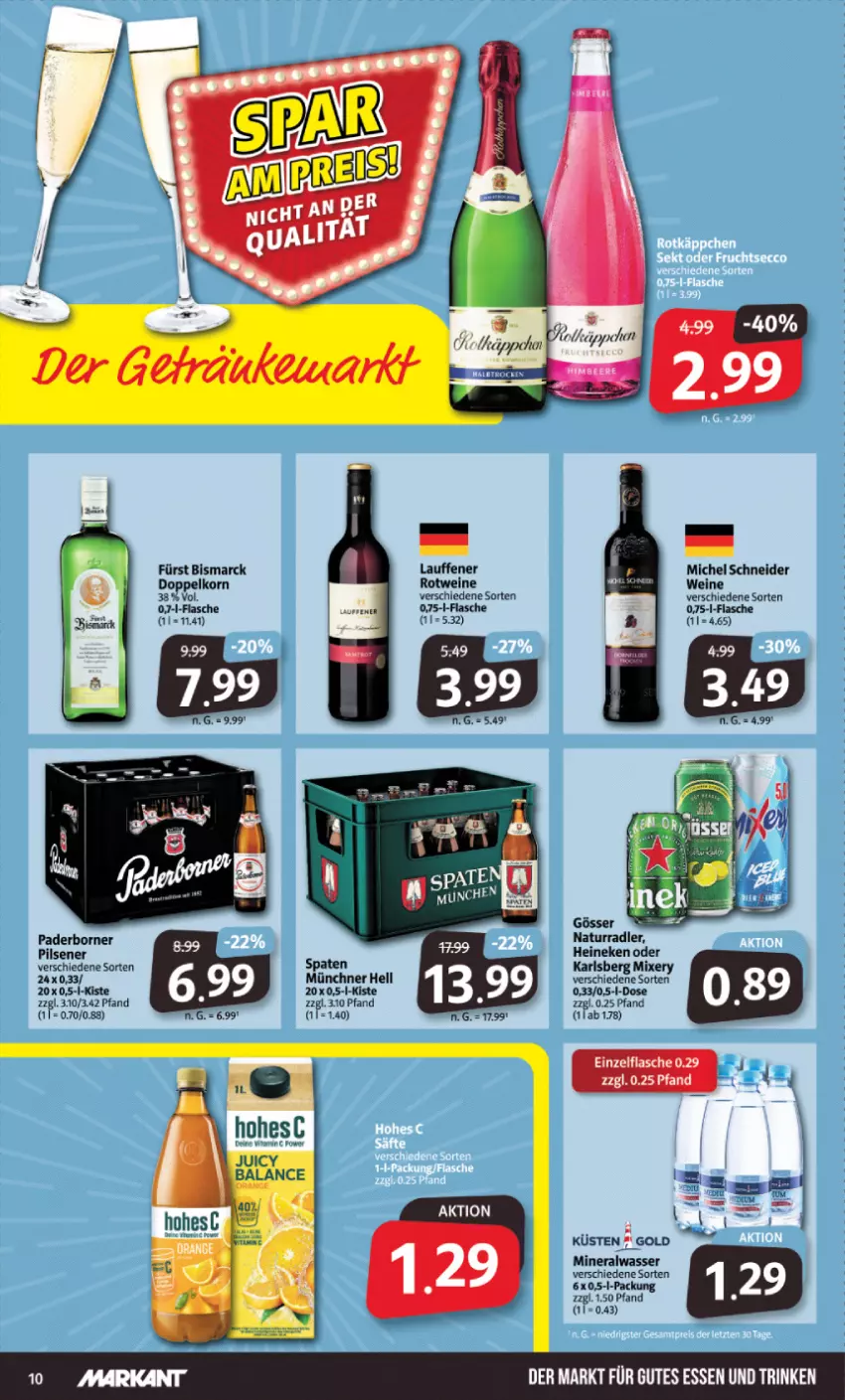 Aktueller Prospekt Markant - Prospekte - von 23.10 bis 28.10.2023 - strona 10 - produkty: Alwa, bismarck, flasche, gutes essen, heineken, karlsberg, karlsberg mixery, Michel Schneider, mineralwasser, Mixer, mixery, natur, pils, pilsener, radler, rotwein, Spaten, wasser, wein, weine