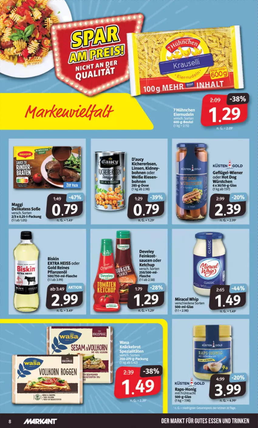 Aktueller Prospekt Markant - Prospekte - von 23.10 bis 28.10.2023 - strona 8 - produkty: bohne, bohnen, eis, erbsen, flasche, Geflügel, gutes essen, honig, hot dog, kichererbsen, kidney, korn, linsen, maggi, miracel, miracel whip, pflanze, pflanzen, Pflanzenöl, sesam, Soße, wiener, würstchen