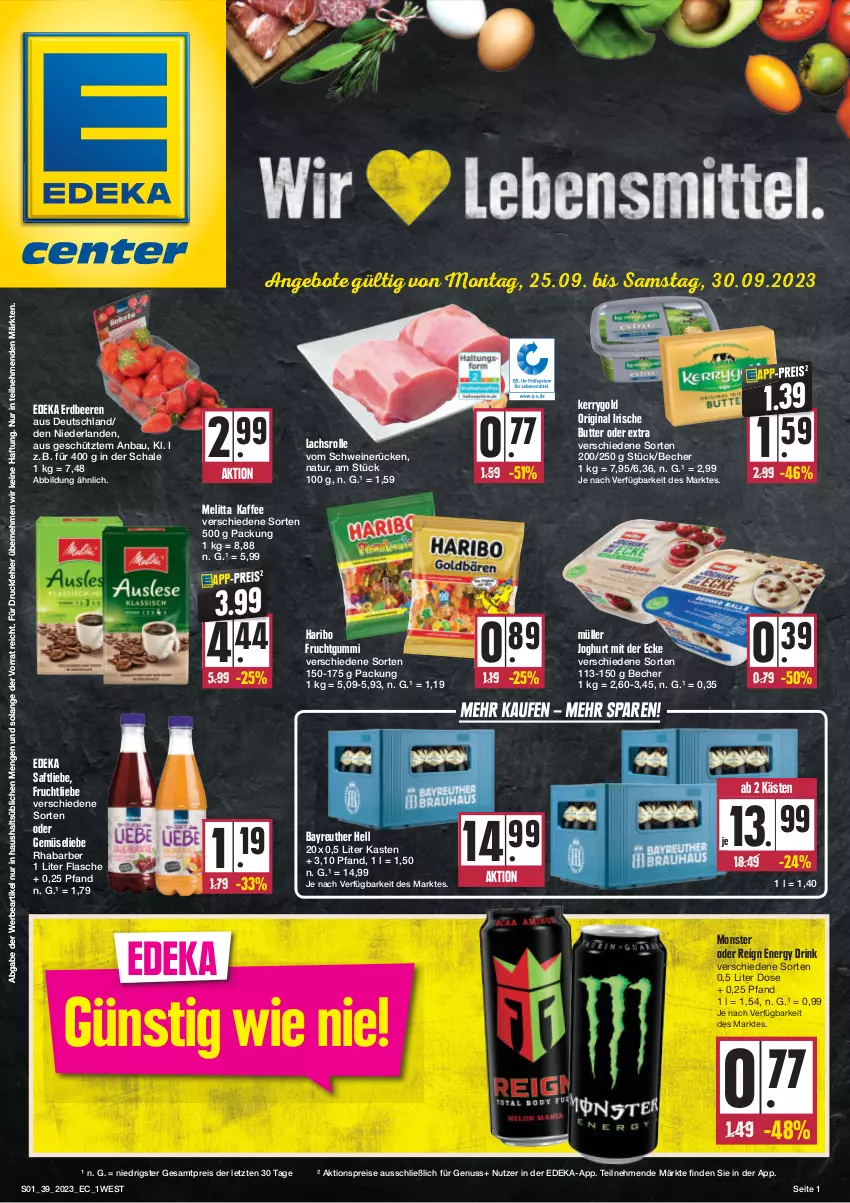 Aktueller Prospekt E Center - Angebote der Woche - von 25.09 bis 30.09.2023 - strona 1 - produkty: aktionspreis, angebot, angebote, Bau, Becher, beere, beeren, butter, deka, drink, eis, energy drink, erdbeere, erdbeeren, flasche, frucht, fruchtgummi, gin, haribo, irische butter, joghur, joghurt, joghurt mit der ecke, kaffee, kerrygold, lachs, Lachsrolle, melitta, monster, Müller, natur, nuss, reis, rhabarber, saft, Schal, Schale, schwein, schweine, schweinerücken, Ti, wein, weine, ZTE