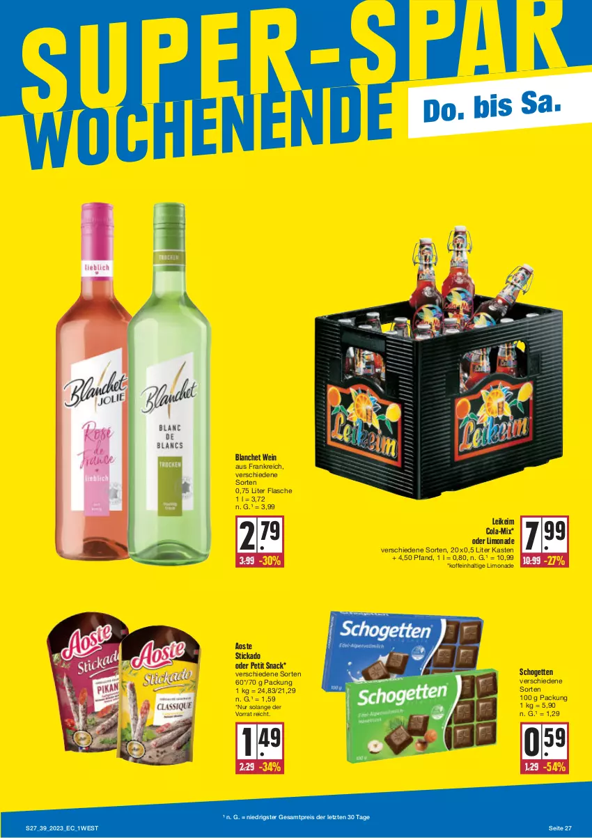 Aktueller Prospekt E Center - Angebote der Woche - von 25.09 bis 30.09.2023 - strona 27 - produkty: aoste stickado, cola, eis, flasche, limo, limonade, reis, schogetten, snack, stickado, Ti, wein, ZTE