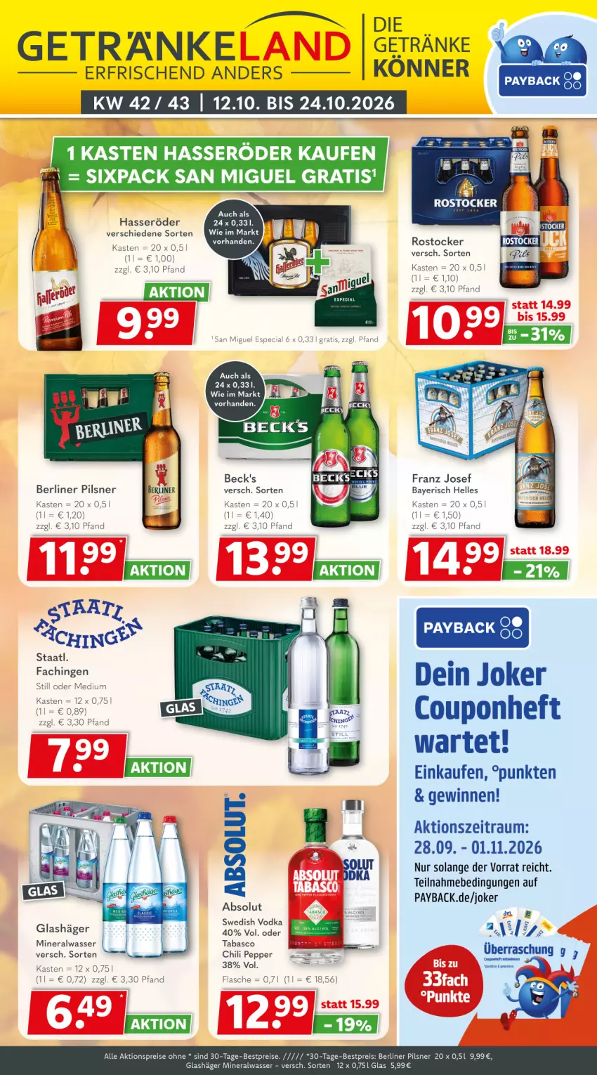 Aktueller Prospekt Getraenkeland - von 12.10 bis 24.10.2026 - strona 1 - produkty: aktionspreis, Alwa, beck's, berliner, bestpreis, bestpreise, chili, coupon, eis, elle, flasche, getränk, getränke, hasseröder, LG, mineralwasser, payback, pils, pilsner, reis, Rostocker, Staatl. Fachingen, tabasco, Ti, vodka, wasser