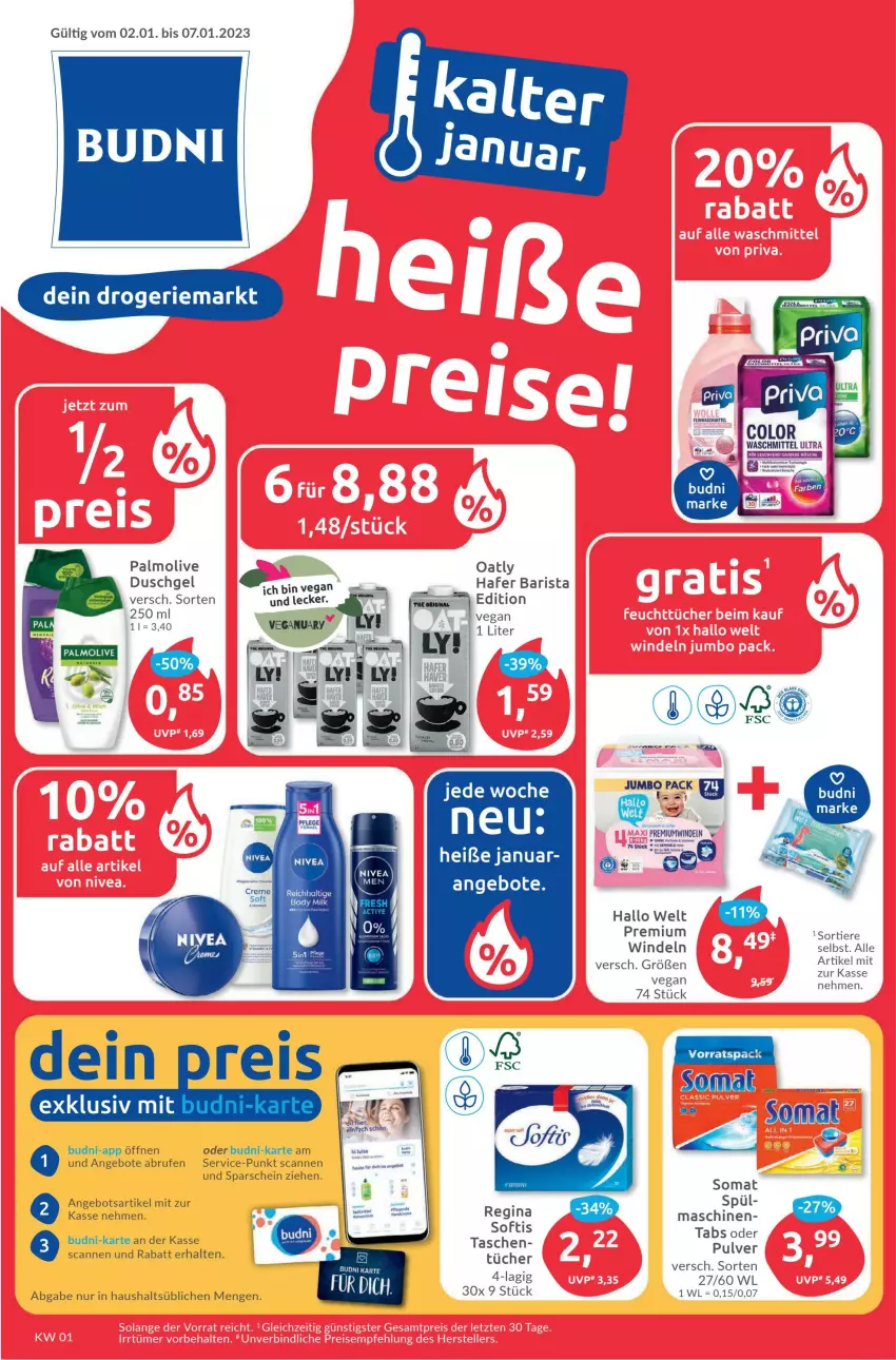 Aktueller Prospekt Budni - Prospekte - von 02.01 bis 07.01.2023 - strona 1 - produkty: angebot, angebote, Brufen, duschgel, hafer, olive, palmolive, somat, tee, Ti, Tiere, tücher, windeln