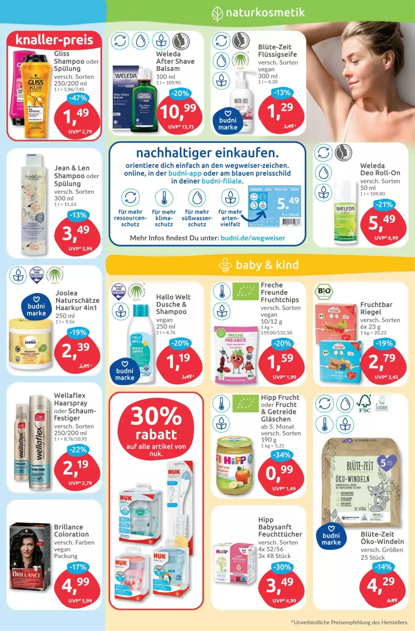 Aktueller Prospekt Budni - Prospekte - von 02.01 bis 07.01.2023 - strona 3 - produkty: after shave, balsam, Blüte, brillance, chips, deo, deo roll-on, eis, elle, feuchttücher, flüssigseife, freche freunde, frucht, gliss, haarspray, hipp, honig, natur, nuk, reis, reiss, roll-on, Seife, shampoo, shampoo oder spülung, spülung, teller, Ti, Tiere, tücher, wasser, weleda, Wella, wellaflex, windeln