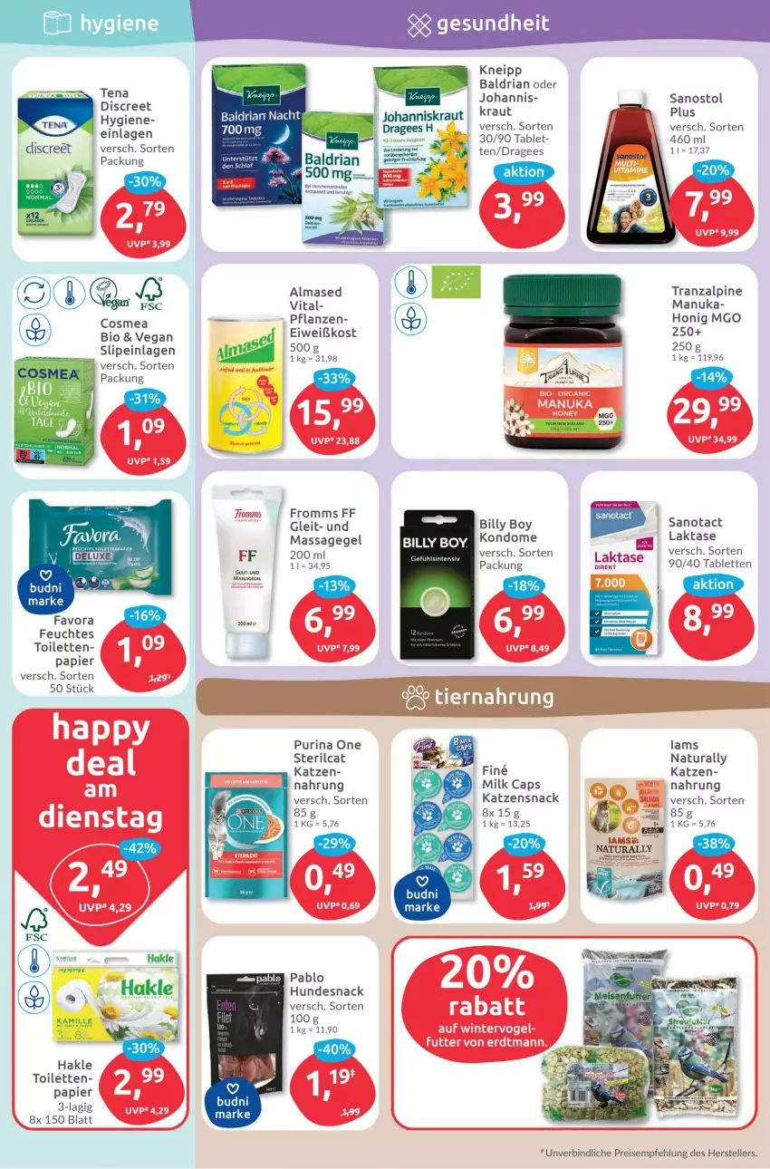 Aktueller Prospekt Budni - Prospekte - von 02.01 bis 07.01.2023 - strona 5 - produkty: Almased, Billy Boy, bio, Brei, Cap, cosmea, Discreet, eis, elle, hakle, honig, hundesnack, Johanniskraut, Kamill, kamille, katzensnack, kneipp, Kraut, LG, natur, natura, nuk, papier, pflanze, pflanzen, purina, reis, Ria, Sanostol, slip, slipeinlagen, snack, tablet, tablett, Tablette, teller, vita