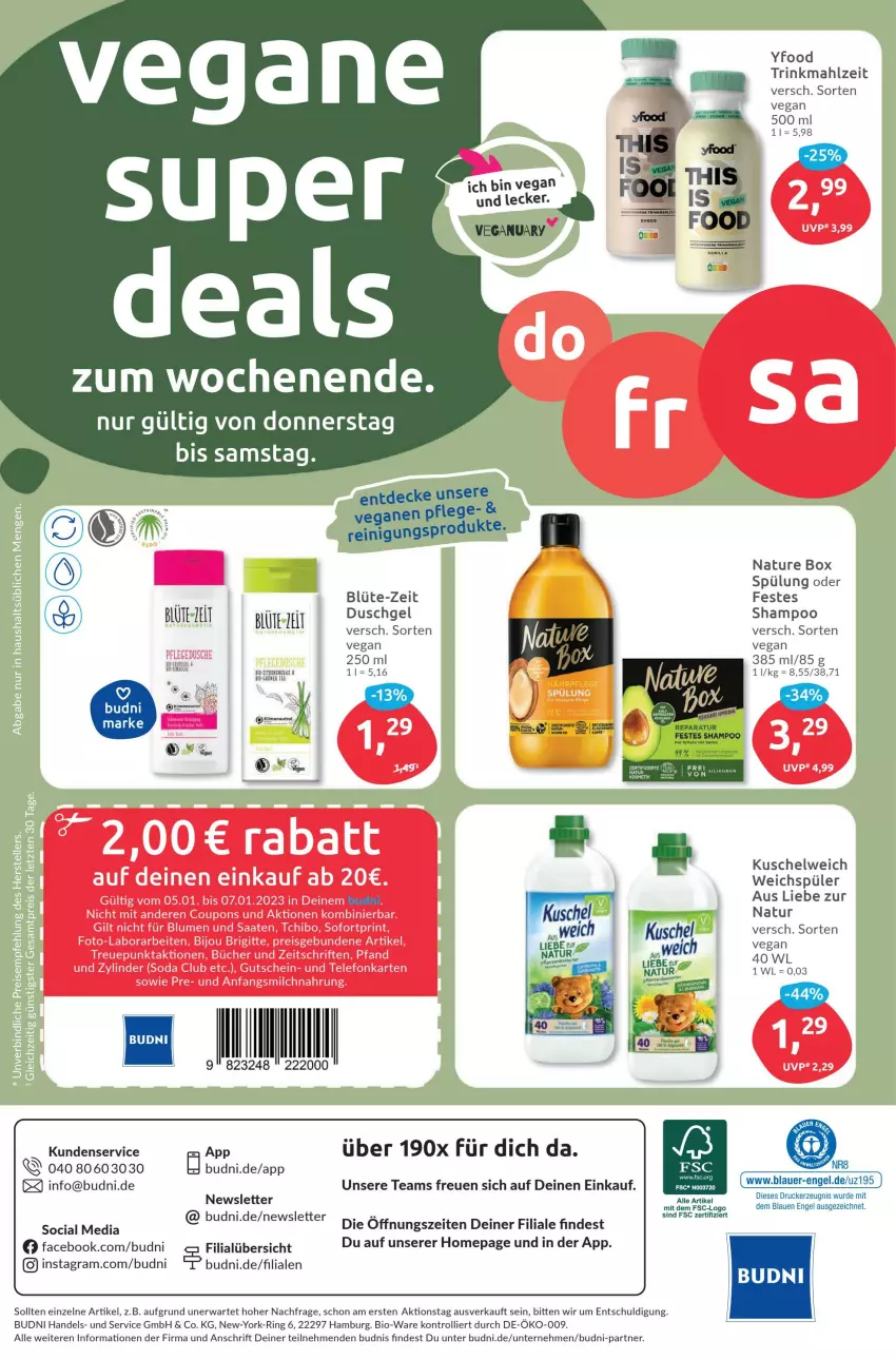 Aktueller Prospekt Budni - Prospekte - von 02.01 bis 07.01.2023 - strona 8 - produkty: bio, Blüte, decke, duschgel, Engel, kosmetik, Kuschelweich, mam, natur, nature box, Omep, Reinigung, ring, shampoo, spülung, tee, Ti, trolli, weichspüler, Yo