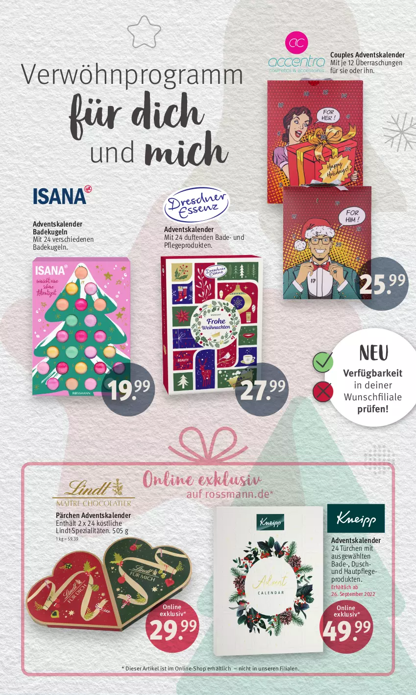 Aktueller Prospekt Rossmann - Prospekte - von 19.09 bis 15.10.2022 - strona 5 - produkty: Adventskalender, Bad, Hautpflege, Kugel, lindt, Spezi, Ti