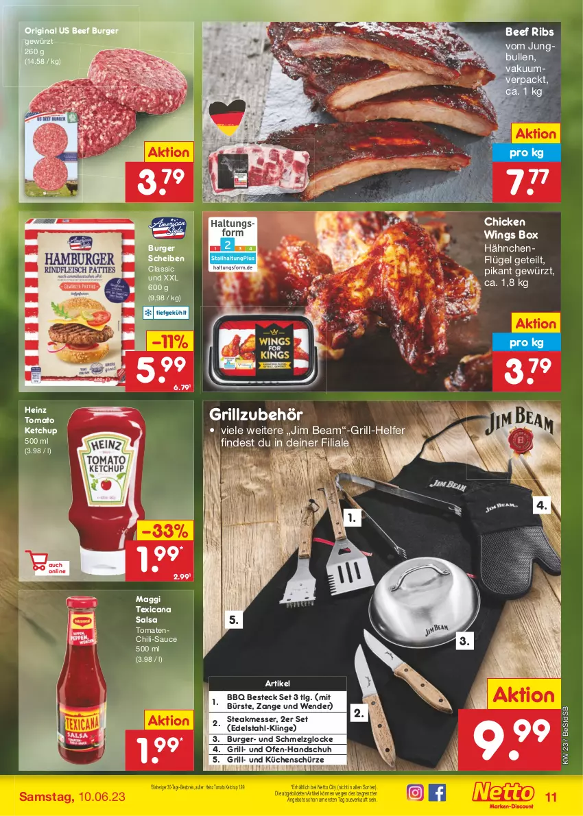 Aktueller Prospekt Netto Marken-Discount - Filial-Angebote - von 05.06 bis 10.06.2023 - strona 11 - produkty: angebot, beef, besteck, bestpreis, burger, bürste, chicken wings, chili, edelstahl, eis, gewürz, gin, grill, Grillzubehör, hähnchenflügel, heinz, jim beam, jungbullen, ketchup, küche, Küchen, Küchenschürze, LG, maggi, messer, Ofen, reis, Salsa, sauce, Schürze, steak, texicana, Texicana Salsa, Ti, tomate, tomaten, tomato ketchup, ZTE