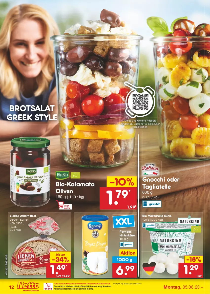 Aktueller Prospekt Netto Marken-Discount - Filial-Angebote - von 05.06 bis 10.06.2023 - strona 12 - produkty: bestpreis, bio, brot, eis, elle, gnocchi, hirtenkäse, Käse, korn, lieken, mozzarella, ndk, olive, oliven, reis, rel, rezept, rezepte, salat, tagliatelle, Ti, urkorn