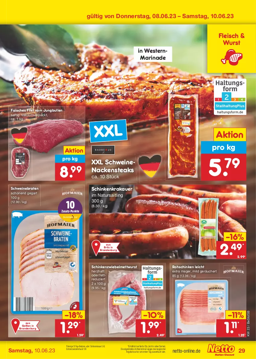 Aktueller Prospekt Netto Marken-Discount - Filial-Angebote - von 05.06 bis 10.06.2023 - strona 29 - produkty: angebot, auer, bestpreis, braten, eis, Falsches Filet, filet, fleisch, jungbullen, krakauer, marinade, Mett, mettwurst, Nackensteak, nackensteaks, natur, reis, rohschinken, saft, schinken, schinkenkrakauer, schwein, schweine, schweinebraten, schweinenacken, steak, steaks, Ti, wein, weine, Weste, wurst, ZTE, zwiebel, zwiebelmettwurst