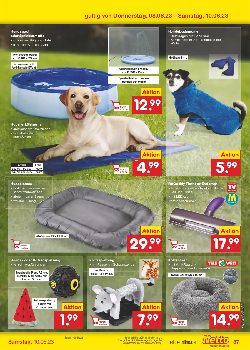 Aktueller Prospekt Netto Marken-Discount - Filial-Angebote - von 05.06 bis 10.06.2023 - strona 37 - produkty: Abba, angebot, aust, Bad, Bademantel, ball, batterie, Bau, bestpreis, eis, elle, kissen, led-licht, leine, Mantel, minze, pool, reis, snack, snacks, spielzeug, Stier, Ti, topper, wasser, ZTE