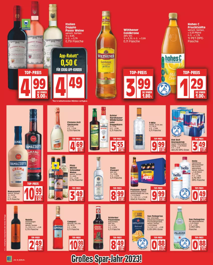 Aktueller Prospekt Edeka - Angebote der Woche - von 27.02 bis 04.03.2023 - strona 18 - produkty: Alwa, asti, campari, cin, cinzano, Cinzano Asti, cola, doppelkorn, drink, elle, flasche, frucht, fruchtsaft, fruchtsaftgetränk, getränk, hella, korn, kräuter, kräuterlikör, likör, limo, limonade, mac, Michel Schneider, mineralwasser, mit frucht, natürliches mineralwasser, ouzo, Paula, paulaner, puma, rama, ramazzott, ramazzotti, red bull, saft, san pellegrino, Spezi, spumante, Ti, vodka, wasser, wein, Wild, zott