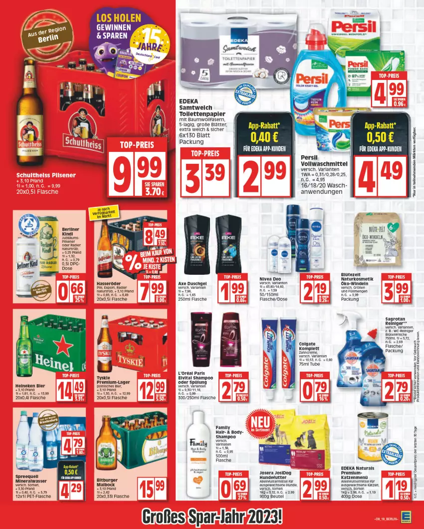 Aktueller Prospekt Edeka - Angebote der Woche - von 27.02 bis 04.03.2023 - strona 19 - produkty: alleinfuttermittel, Alwa, arla, axe, axe duschgel, Bad, Bau, berliner, beutel, bier, bio, bitburger, Blüte, body, burger, colgate, creme, deka, deo, duschgel, eis, elvital, flasche, hasseröder, heineken, kosmetik, l'oreal, LG, mineralwasser, natur, natura, naturkosmetik, nivea, oder radler, papier, persil, pet-flasche, radler, Rauch, reiniger, reis, rwe, sagrotan, shampoo, shampoo oder spülung, Spreequell, spülung, Ti, tyskie, vita, vollwaschmittel, waschmittel, wasser, wc-reiniger, windeln, zahncreme, ZTE