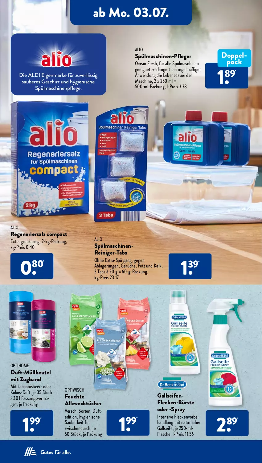 Aktueller Prospekt AldiSud - NÄCHSTE WOCHE - von 03.07 bis 08.07.2023 - strona 16 - produkty: aldi, Allzwecktücher, auer, beutel, bürste, eis, flasche, geschirr, kokos, LG, maschinenreiniger, müllbeutel, Optiwisch, reiniger, reis, salz, Seife, spülmaschinen, Ti, tücher, weck