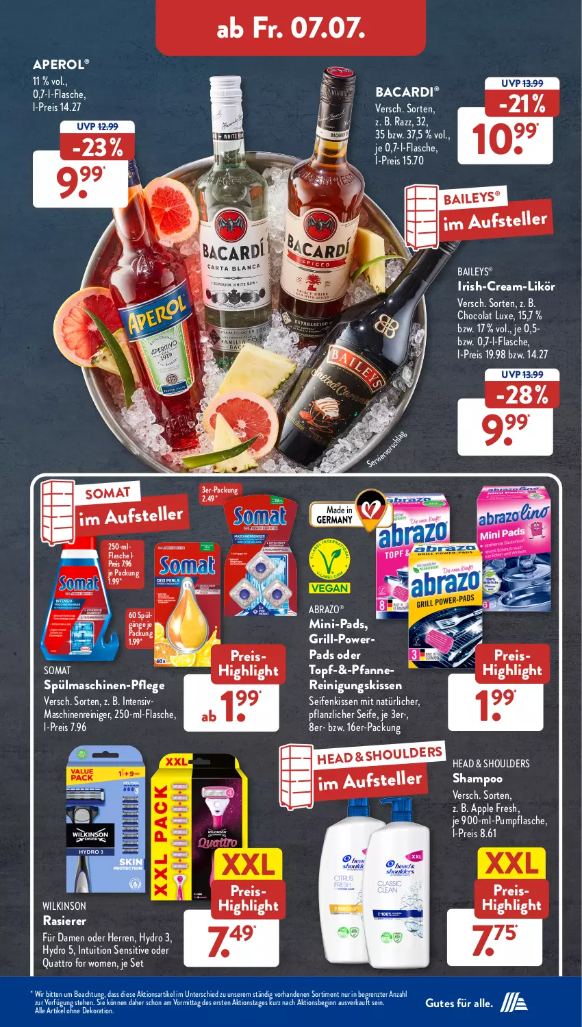 Aktueller Prospekt AldiSud - NÄCHSTE WOCHE - von 03.07 bis 08.07.2023 - strona 28 - produkty: alle artikel ohne dekoration, aperol, Apple, bacardi, baileys, cola, dekoration, eis, elle, flasche, gin, grill, kissen, LG, likör, maschinenreiniger, pfanne, Pfanner, rasierer, reiniger, Reinigung, reis, Seife, shampoo, somat, spülmaschinen, teller, Ti, topf, wilkinson, ZTE